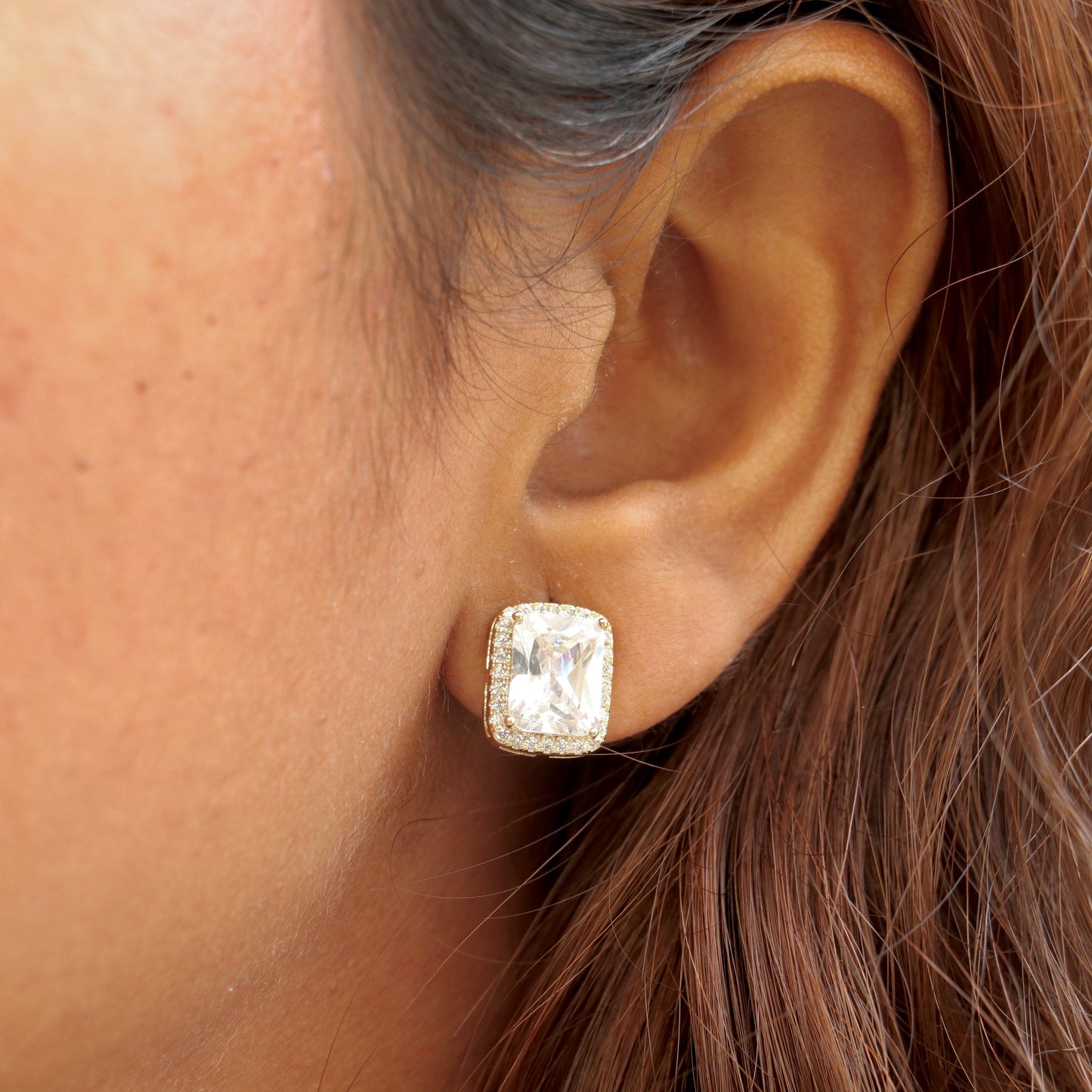 Gold Princess Cut Stud Earrings