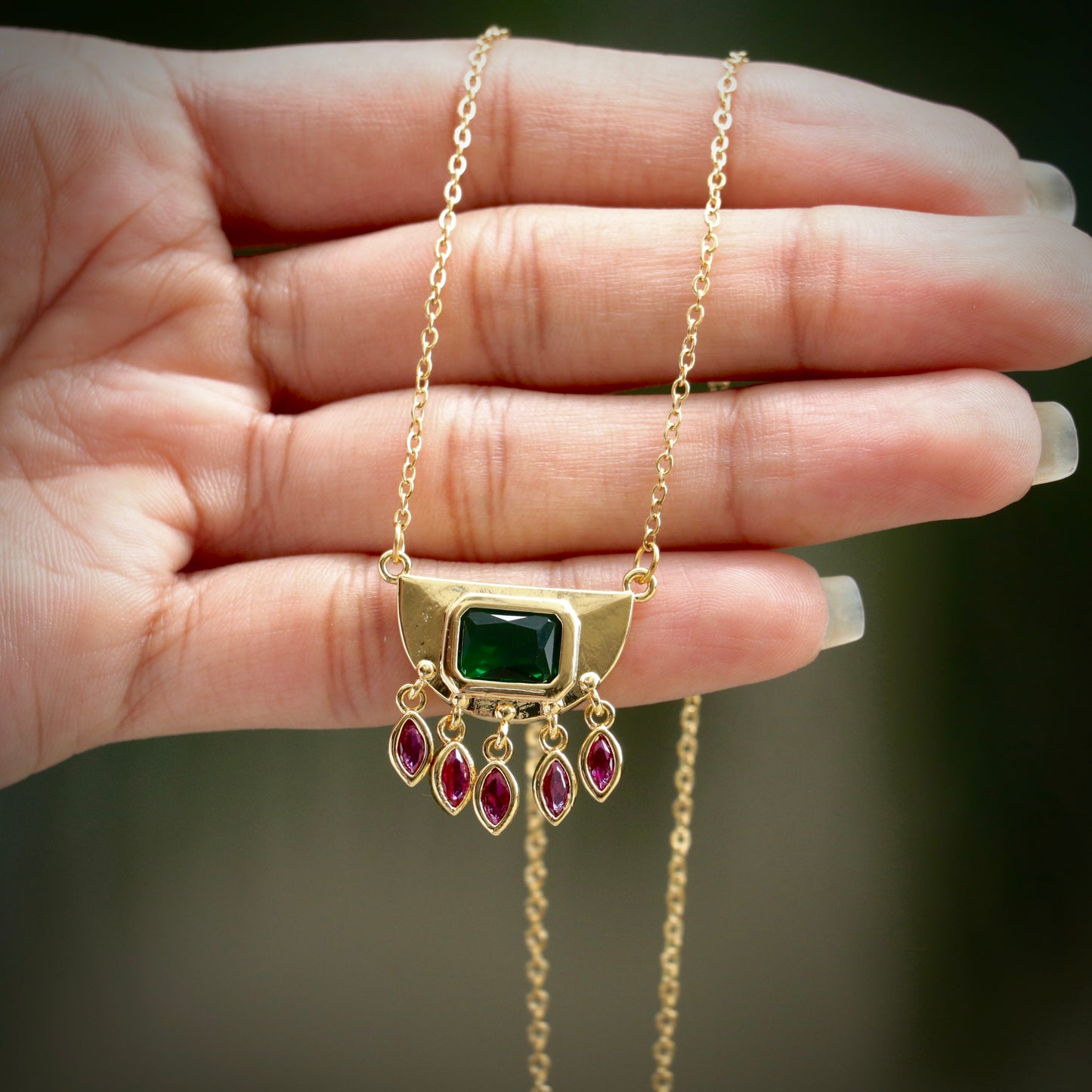 Gold-plated Stainless Steel Green Stone Necklace