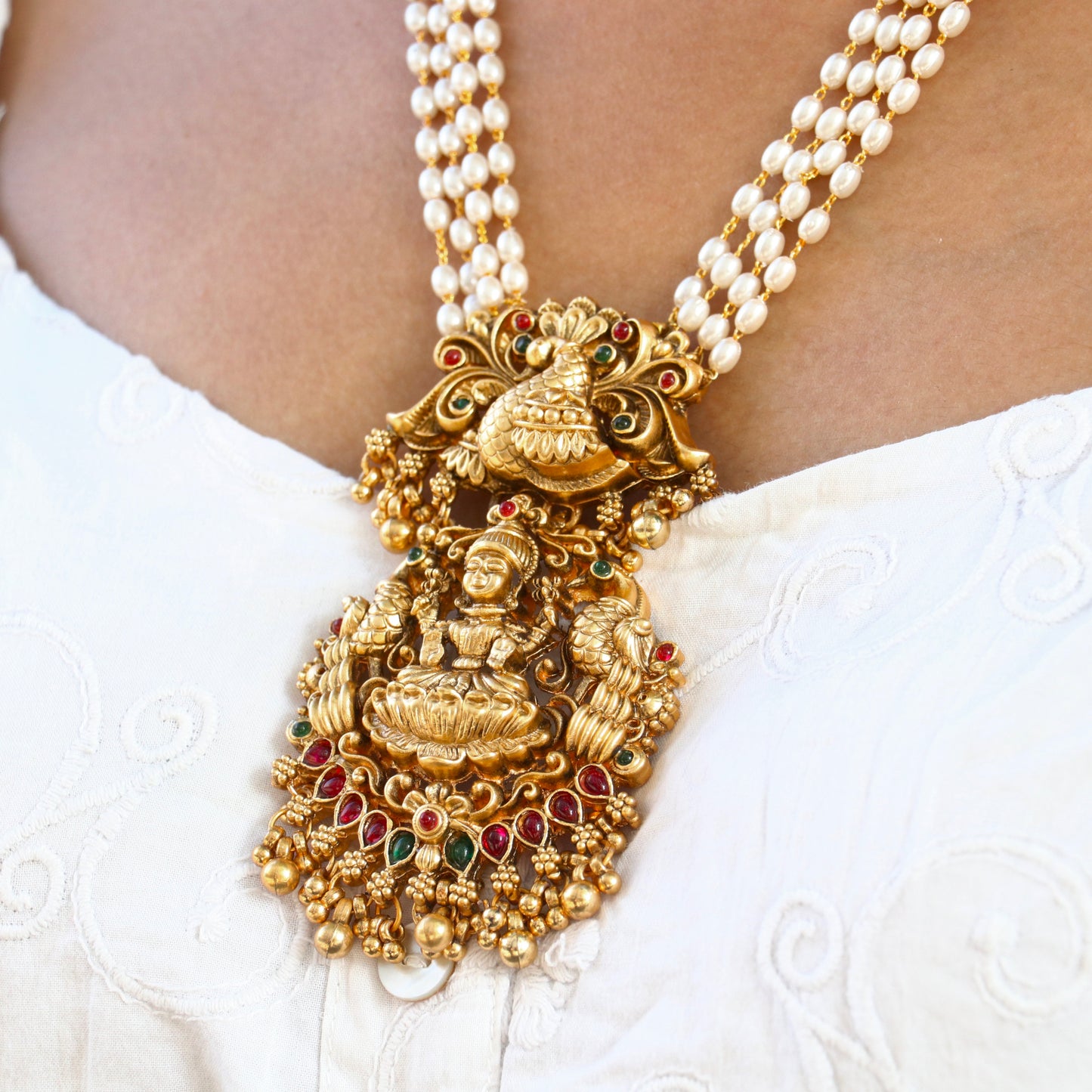 Mitra Pearl Long Lakshmi Pendant Long Necklace
