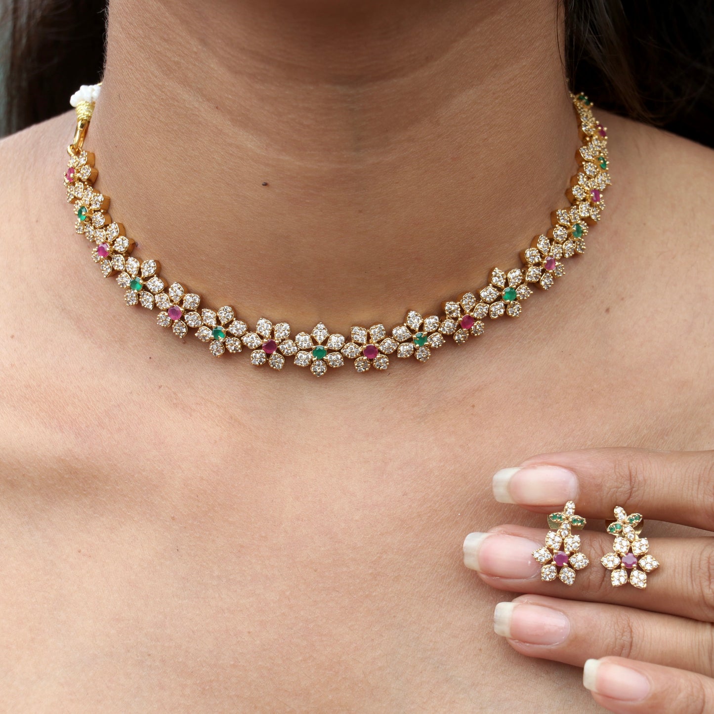 Kalpini Floral Simple AD Necklace - Colora Available