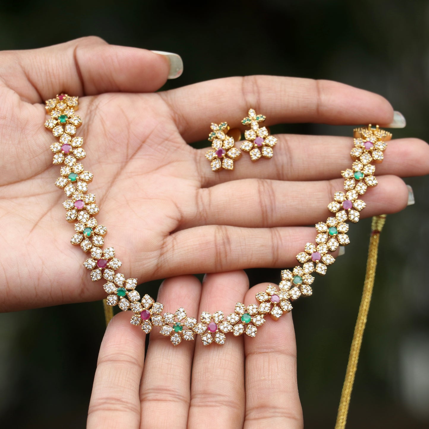 Kalpini Floral Simple AD Necklace - Colora Available