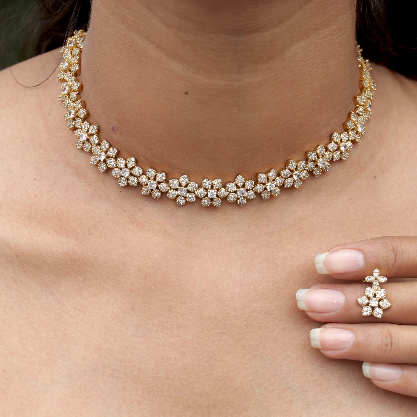Kalpini Floral Simple AD Necklace - Colora Available