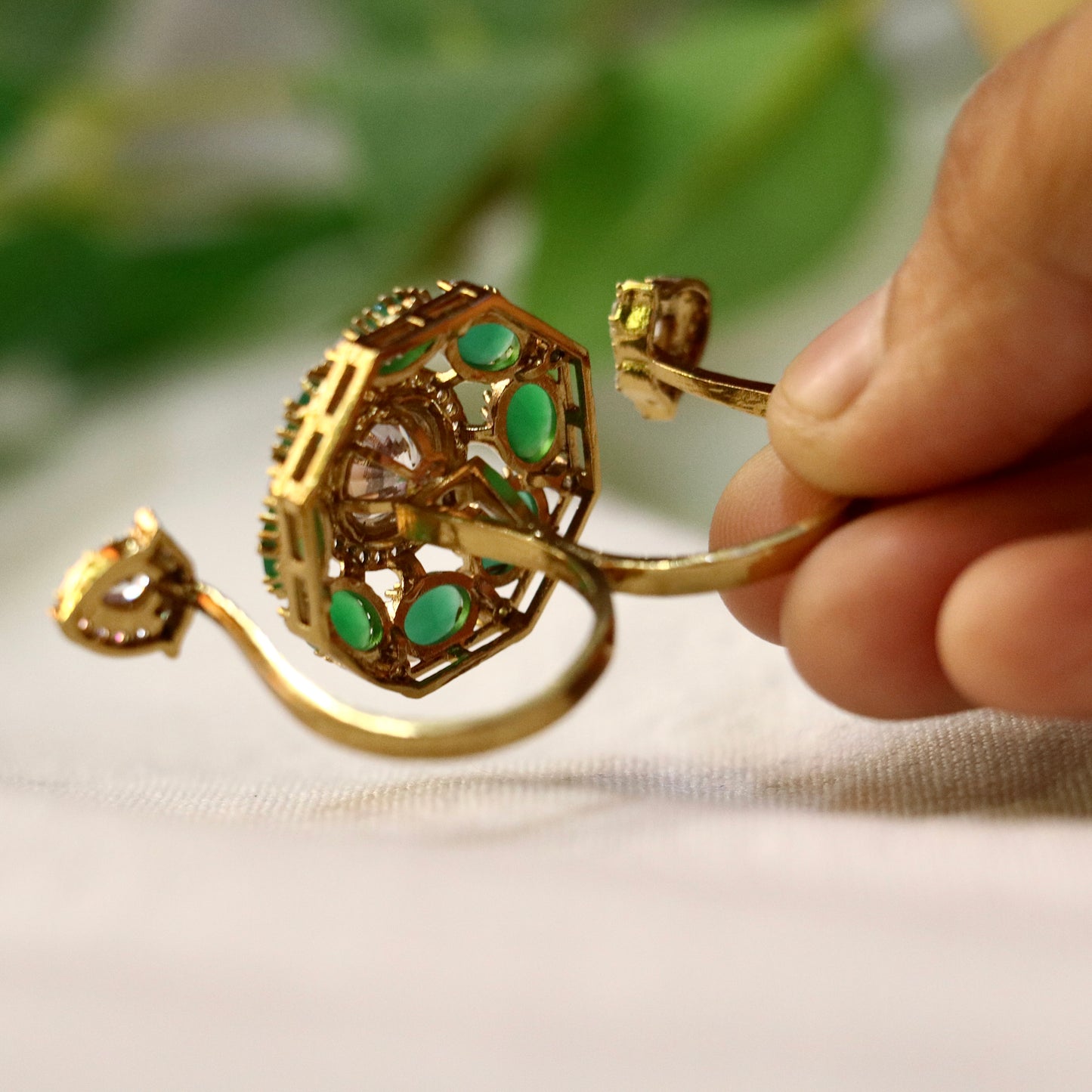 Emerald 3 Finger Polki Gold Statement Ring