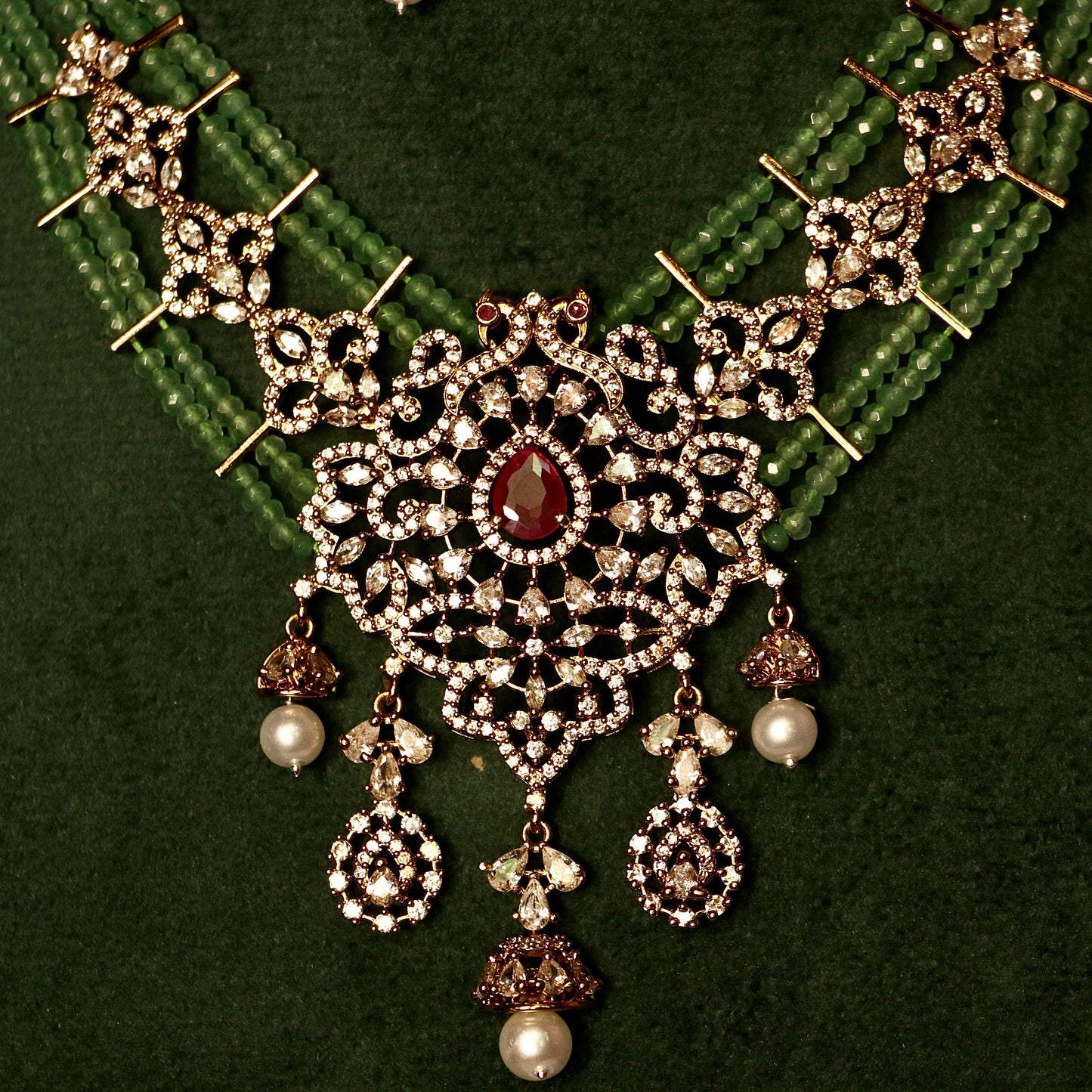 Bridal Green Beads Mala Necklace Set