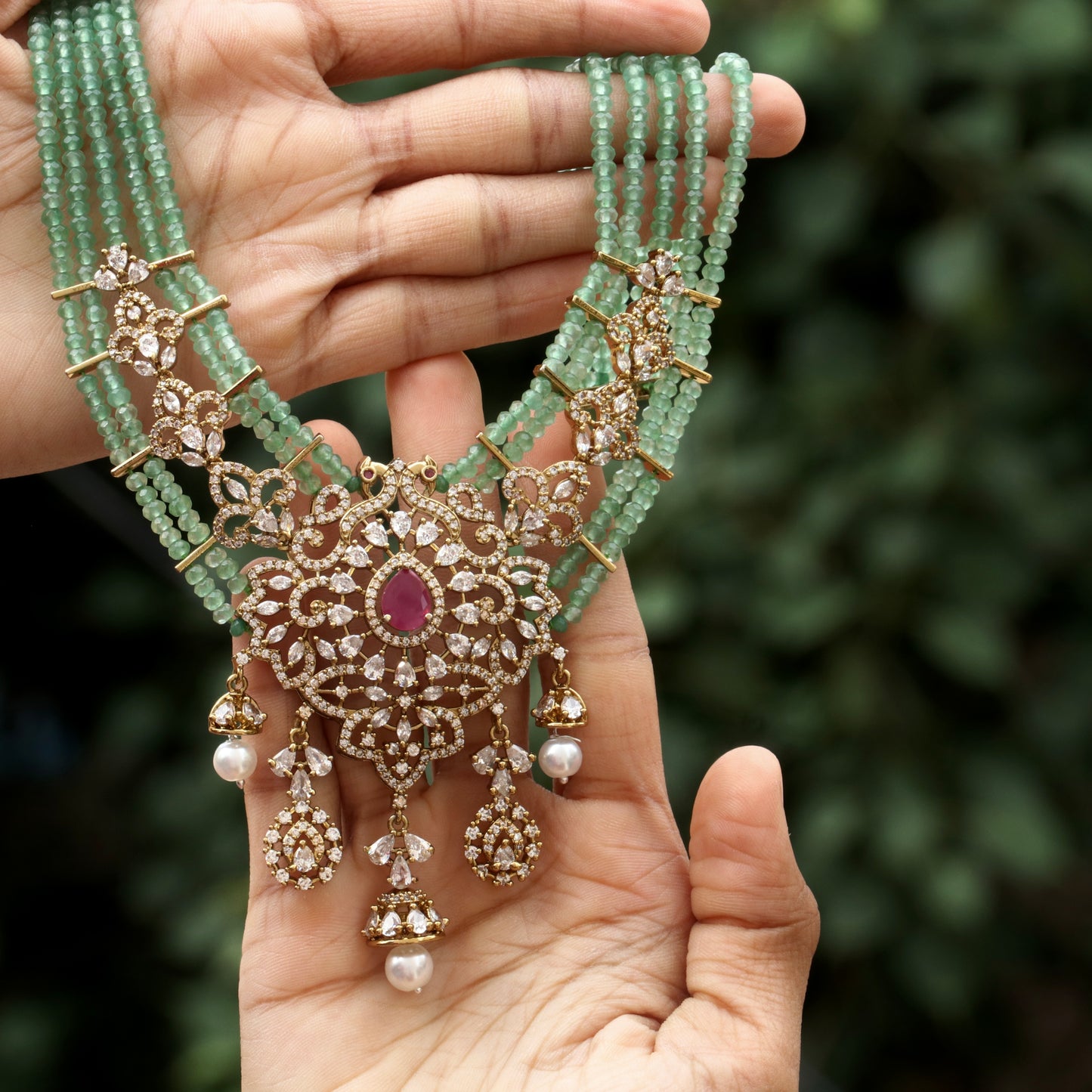 Bridal Green Beads Mala Necklace Set