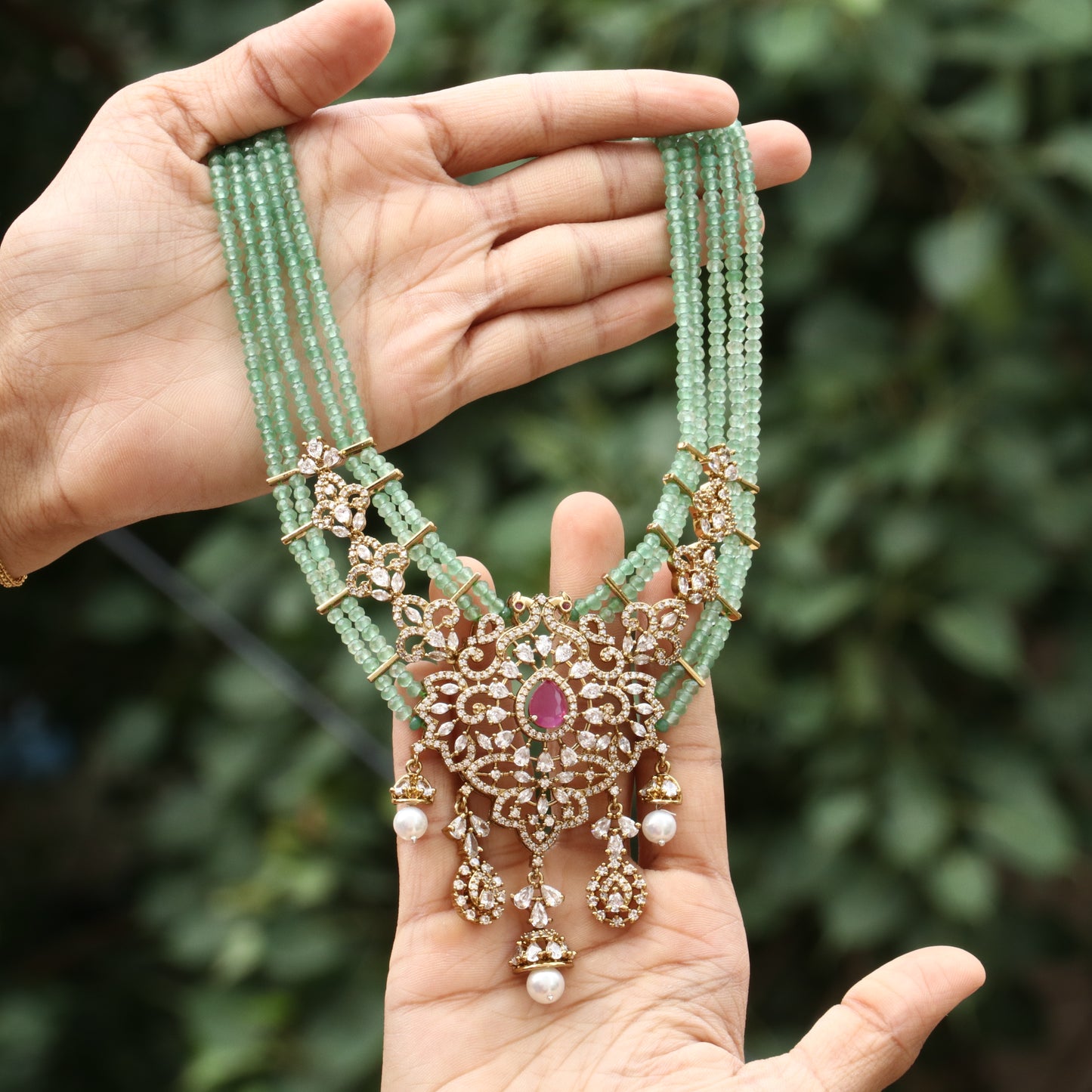 Bridal Green Beads Mala Necklace Set