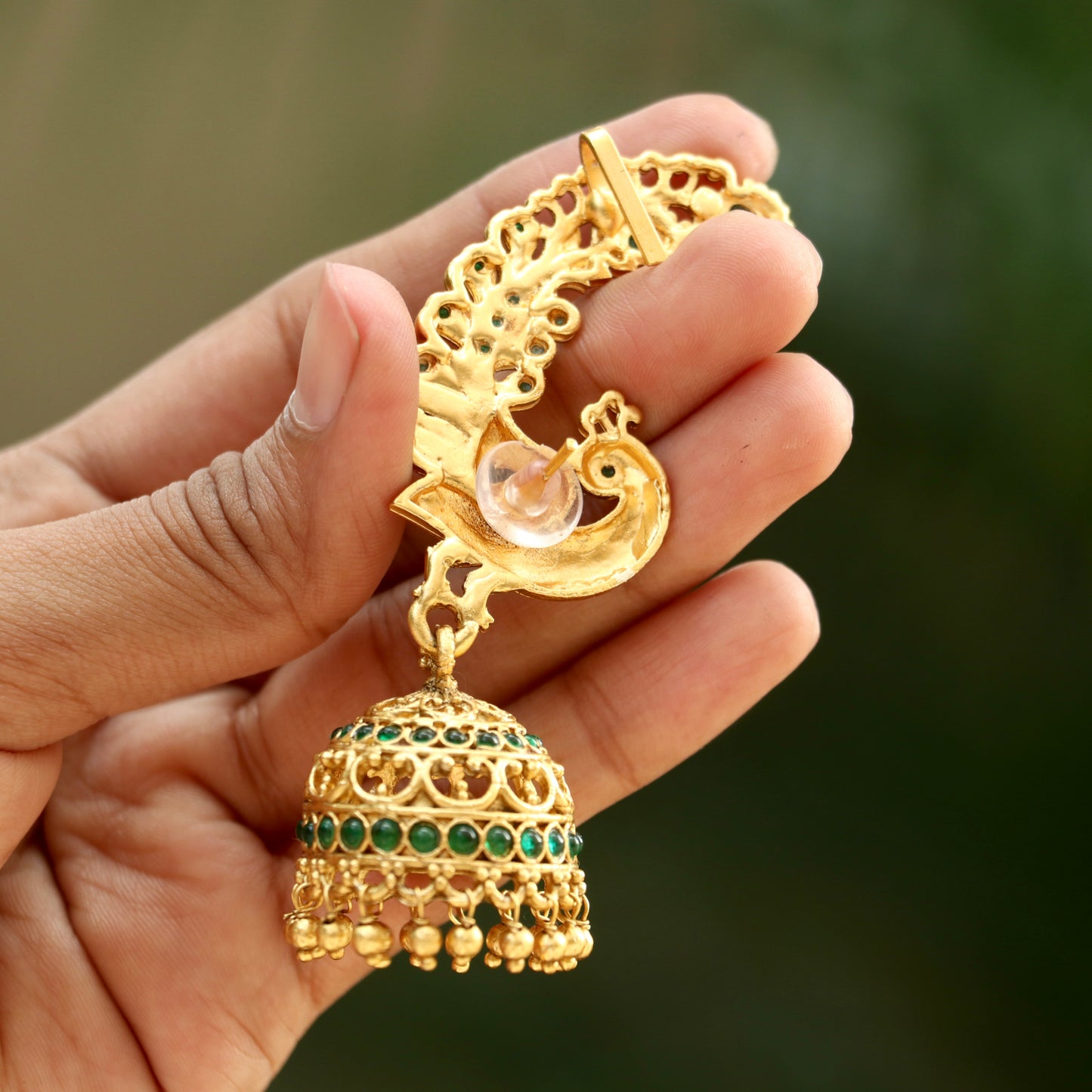 Mayuri Green Stone Gold Finish Ear-Cuff Jhumkas