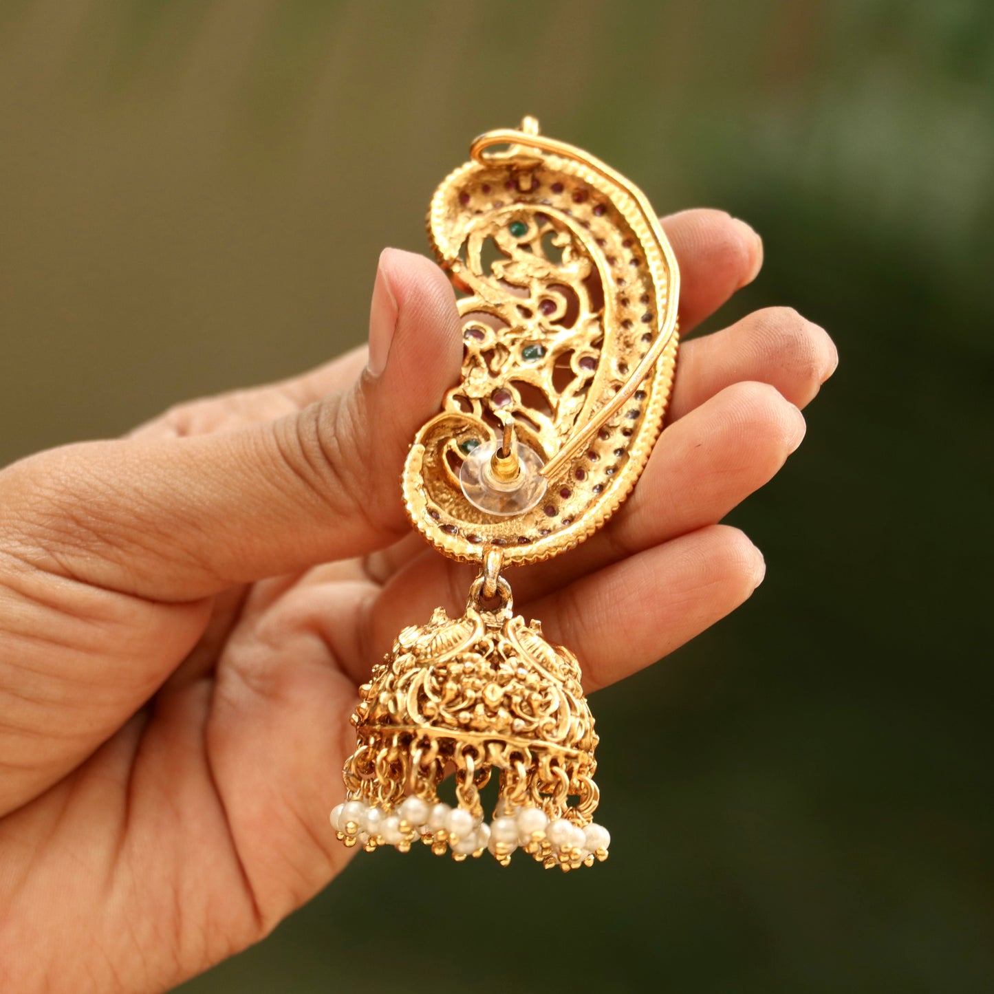 Beautiful Mayur Gold Finish Ear-Cuff Jhumkas
