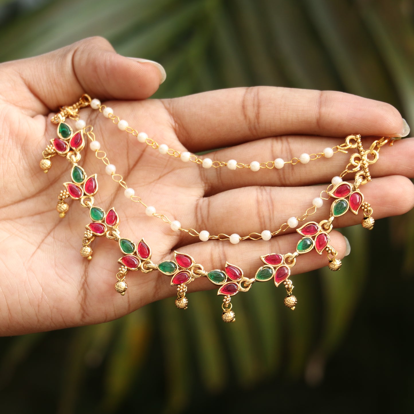 Antique Lotus Jhumkas with Ear Chain