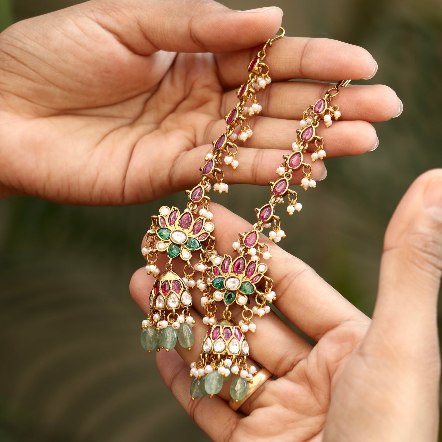 Lotus Kemp Ear Chains with Jhumkas