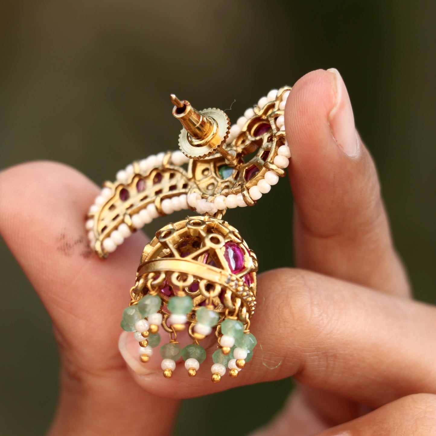 Peacock Pearl Kemp Stone Jhumkas
