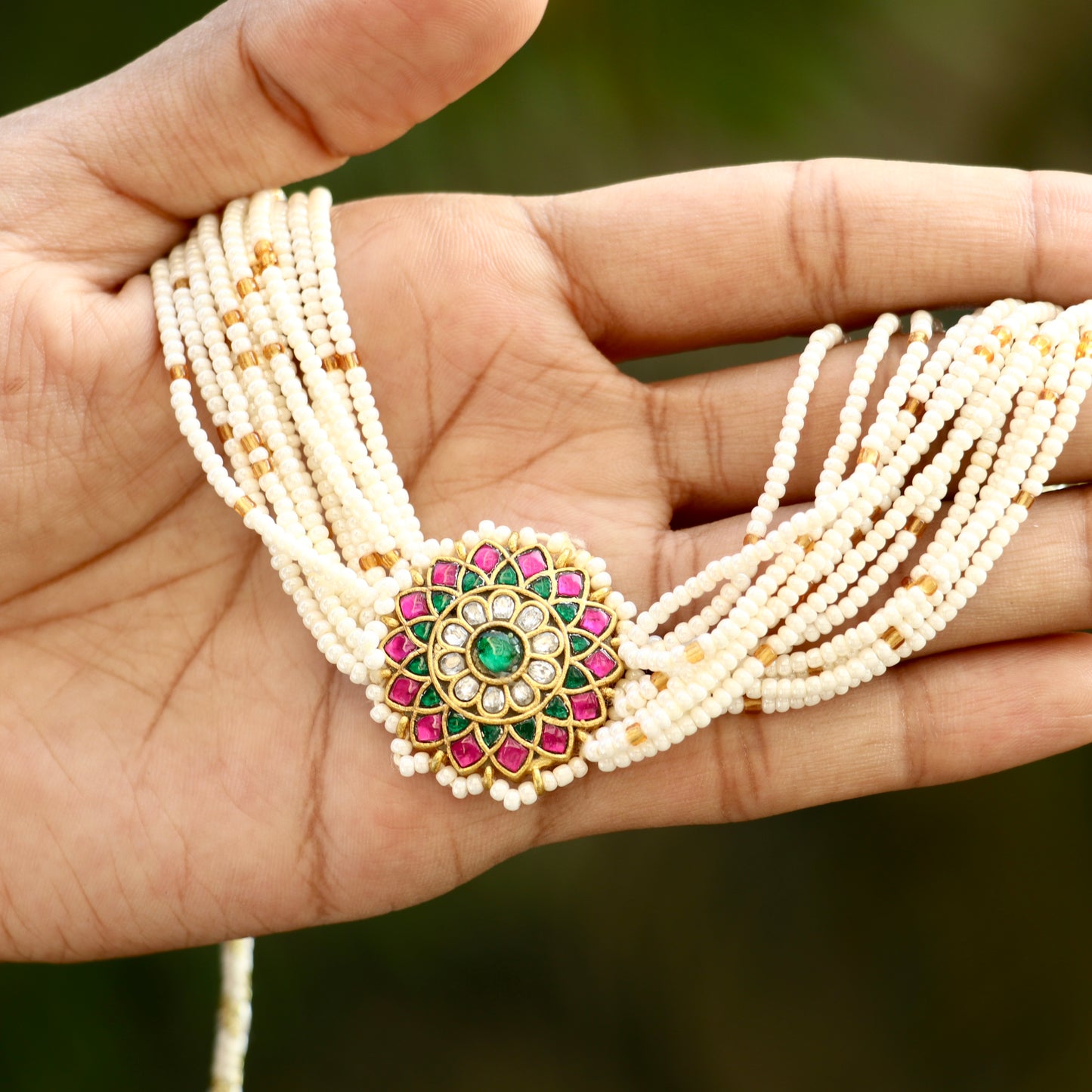 Jadau Kundan Pendant White Beads Choker