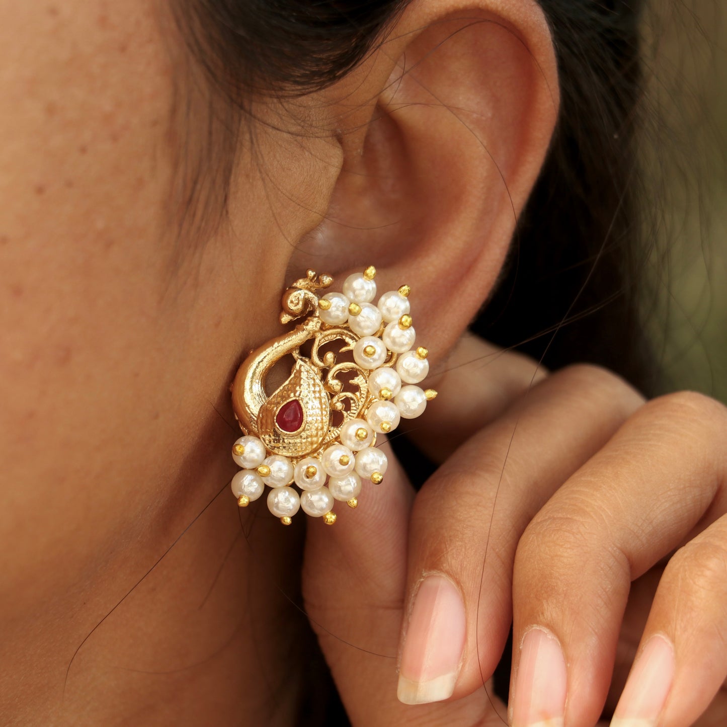 Antique Peacock Pearl Stud Earrings