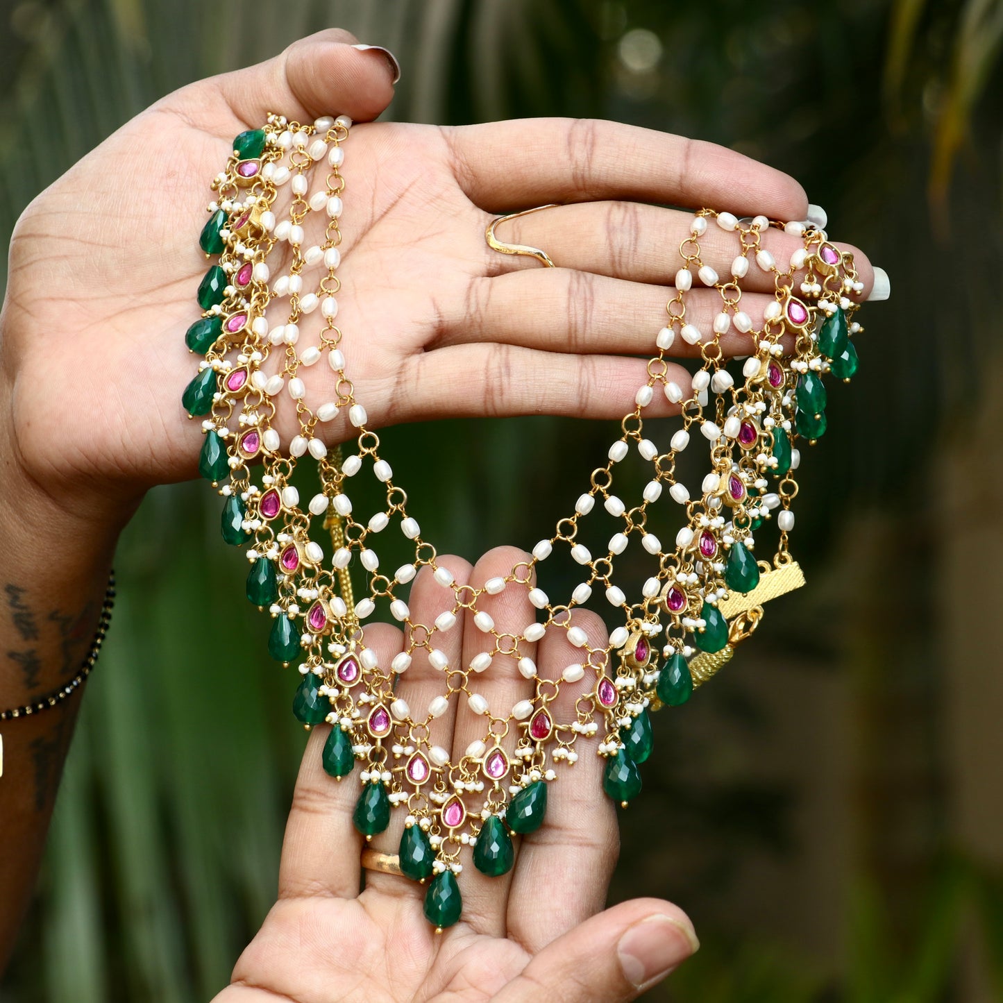 Layered Pearl Emerald Beaded Haram