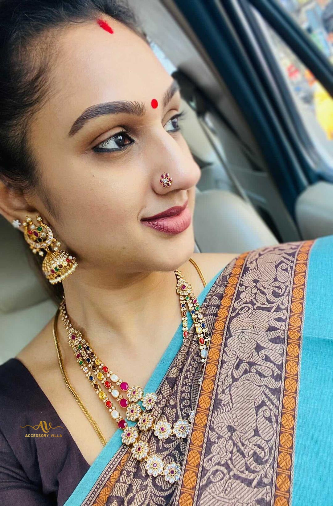 3 Layer Celebrity Stylish Long Navarathna Necklace