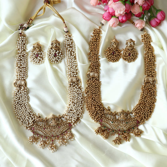 Vrishti Long Haaram - Golden Pearls / White Pearls