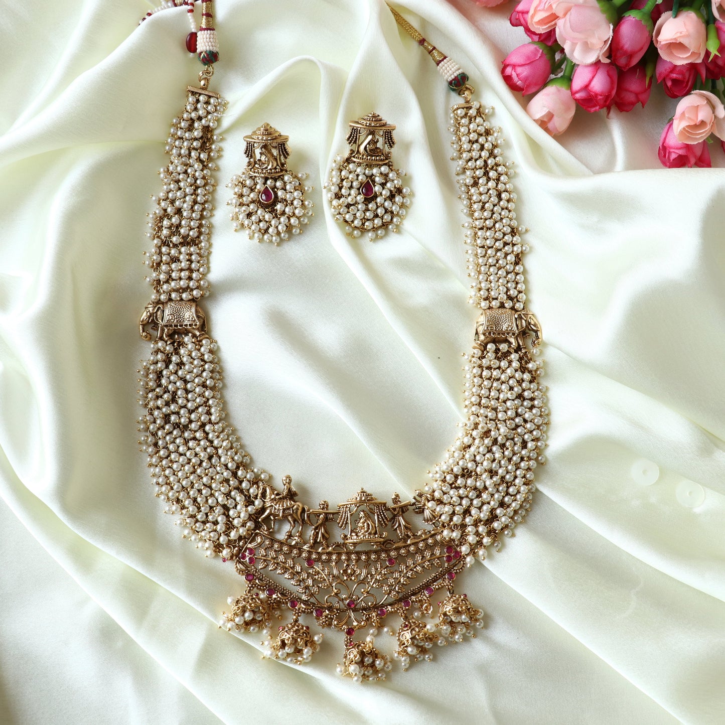 Vrishti Long Haaram - Golden Pearls / White Pearls