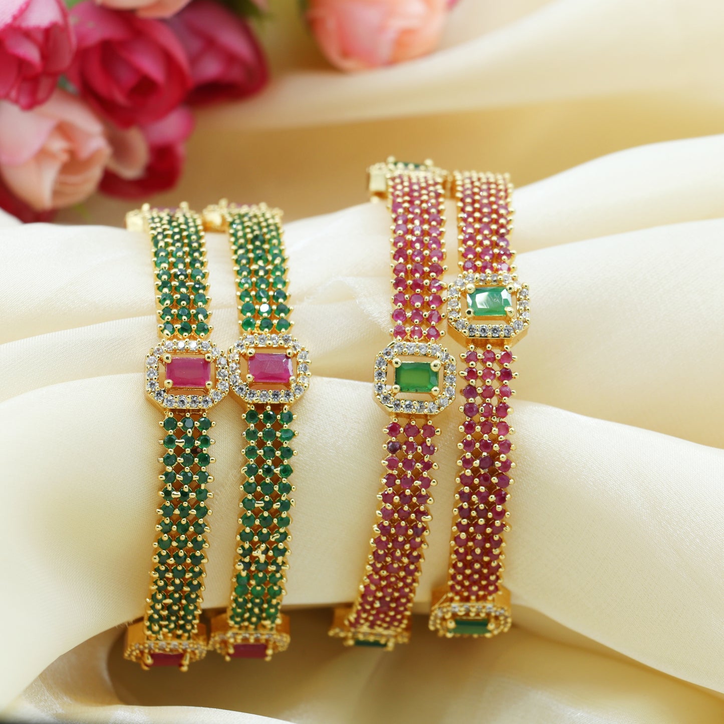 Elegant Ruby & Green Stone Bangle Set