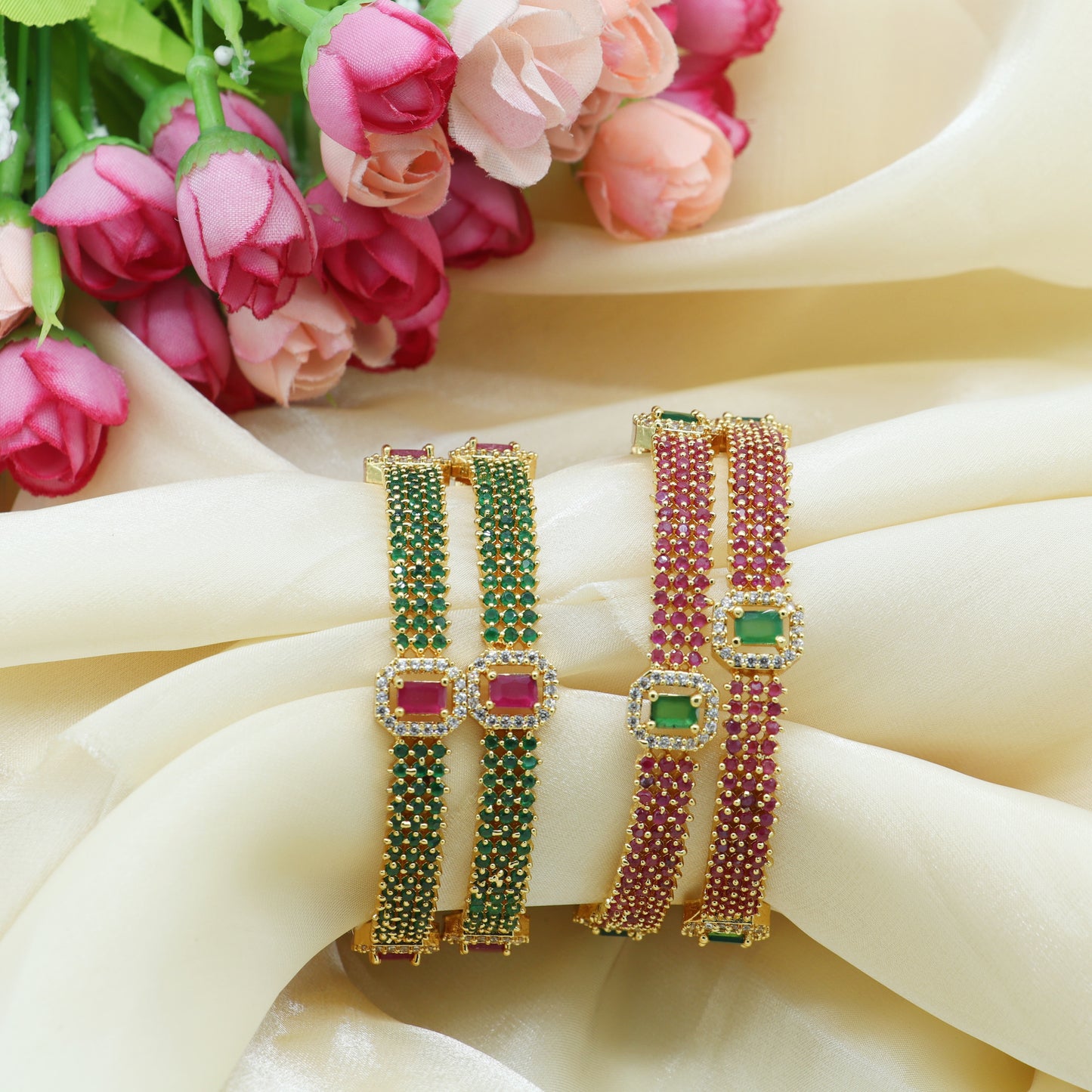 Elegant Ruby & Green Stone Bangle Set