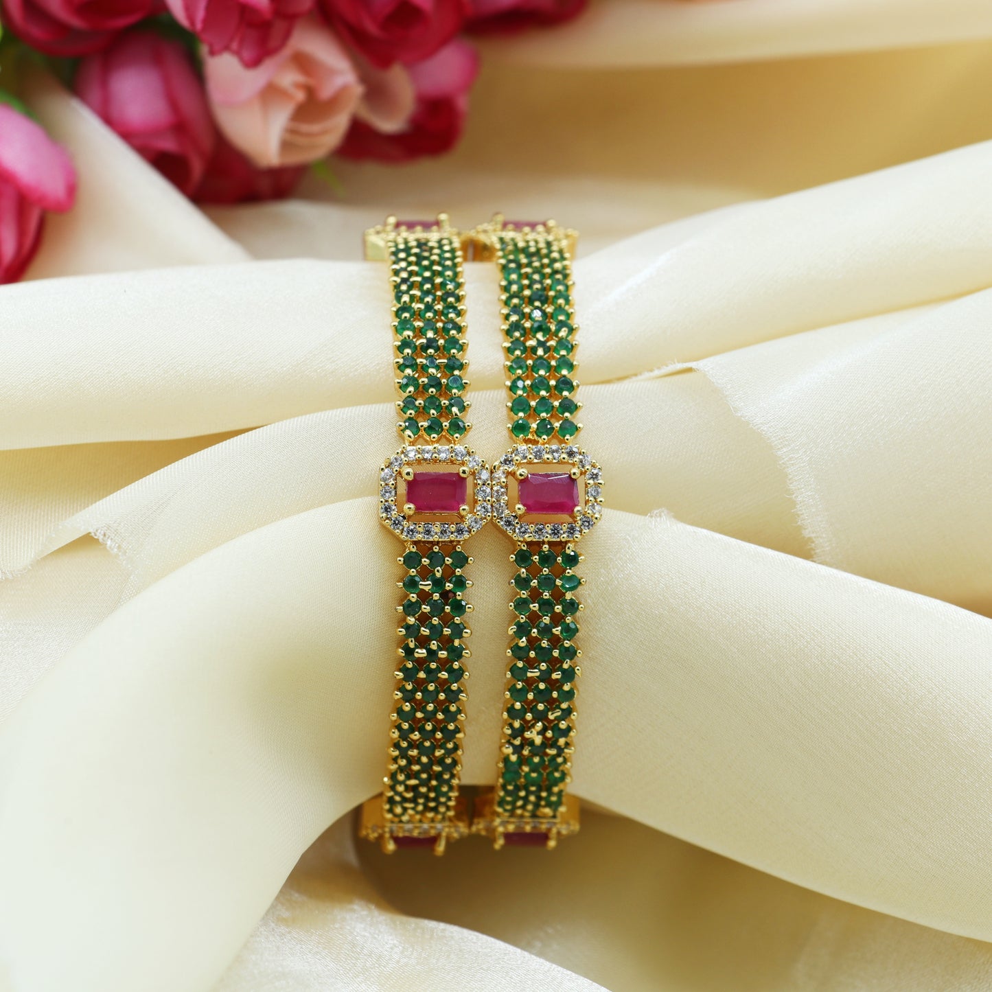 Elegant Ruby & Green Stone Bangle Set