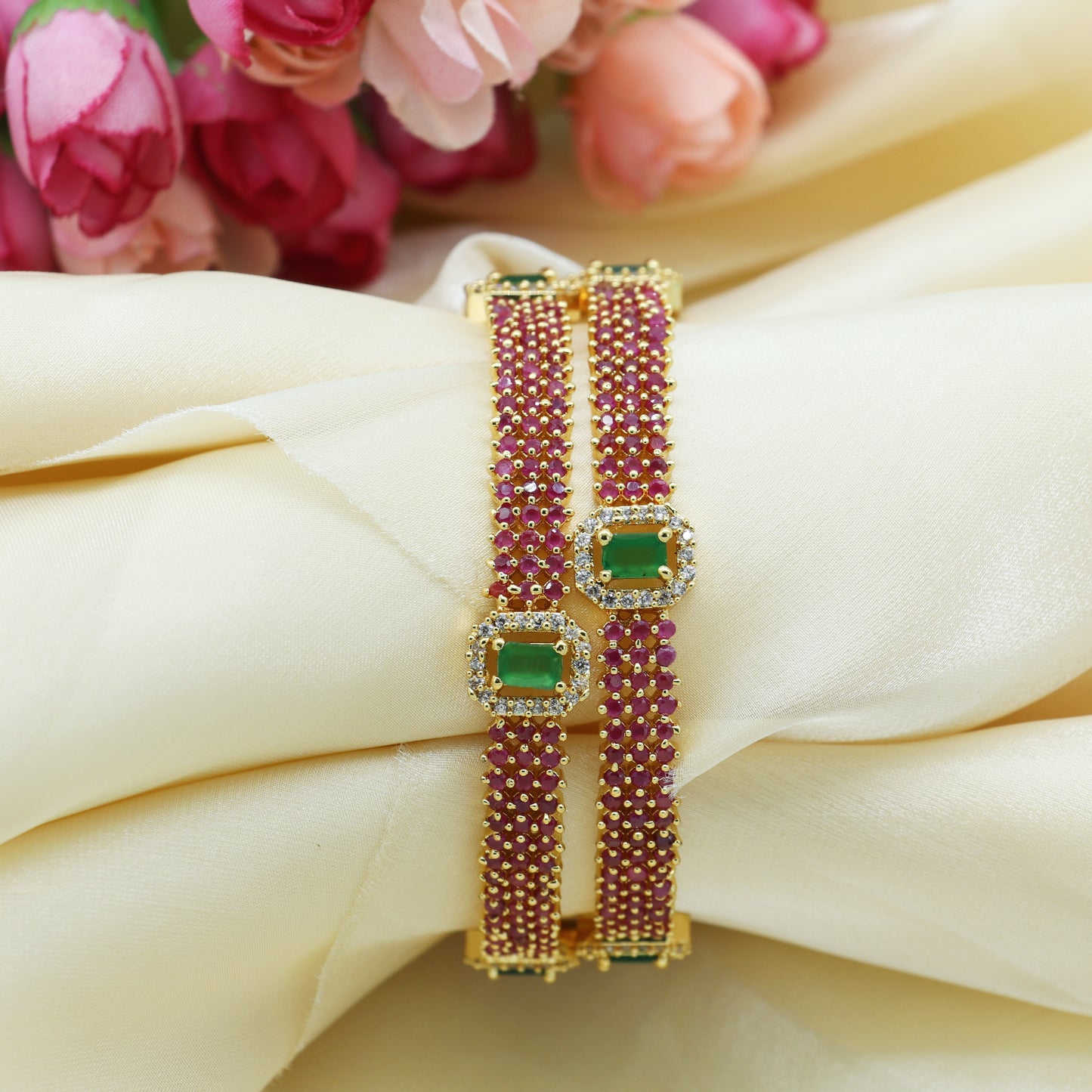 Elegant Ruby & Green Stone Bangle Set