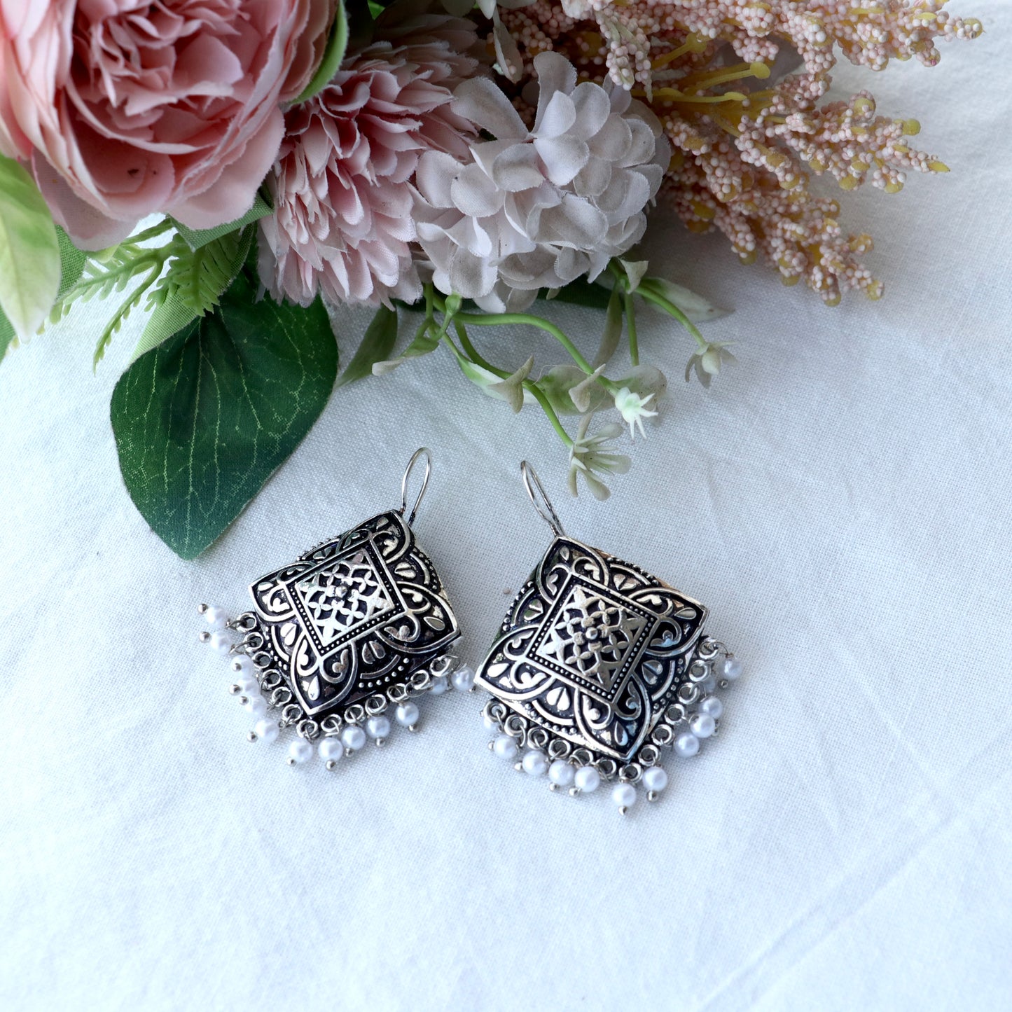 Black Oxidized Floral Earrings