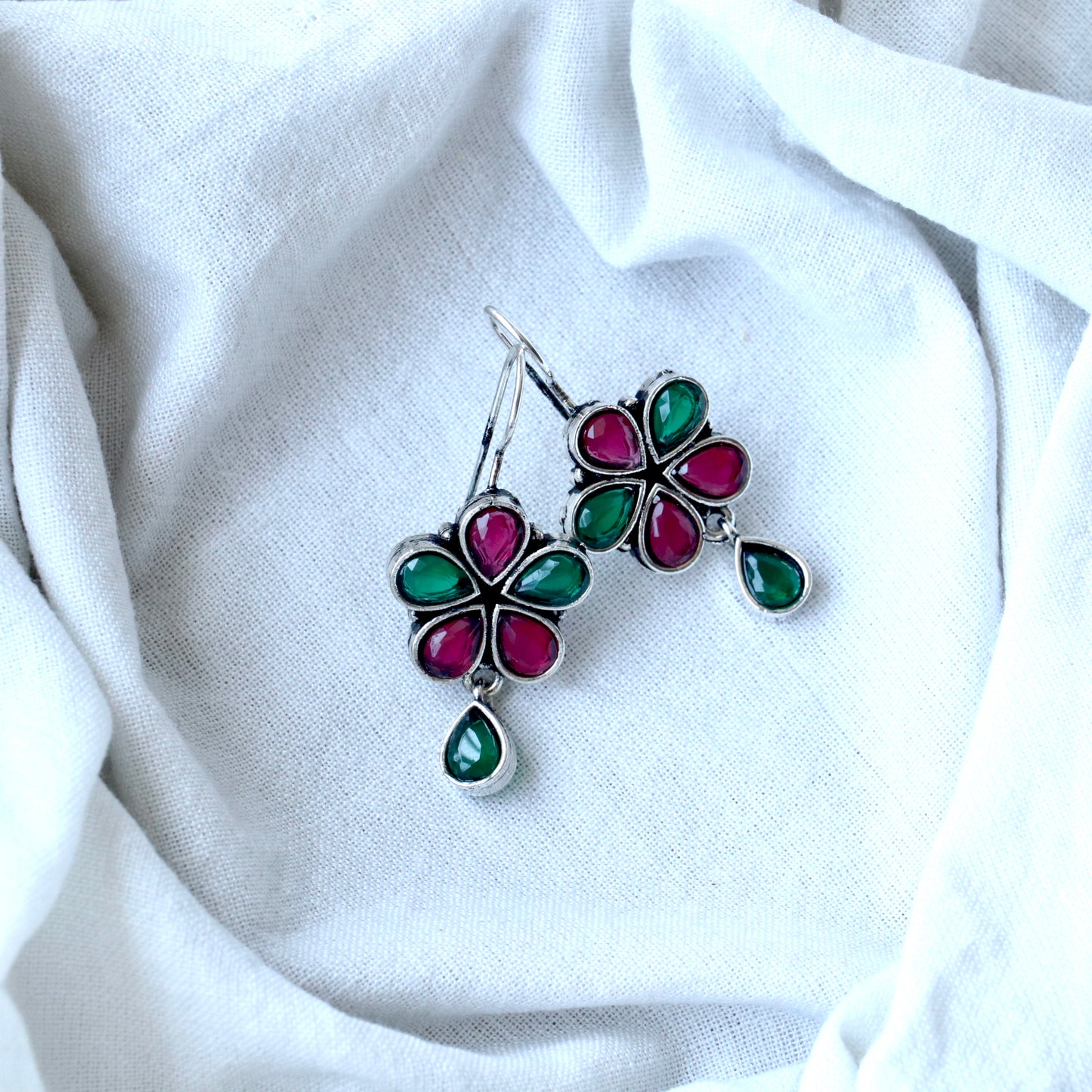 German silver floral Hook Earrings