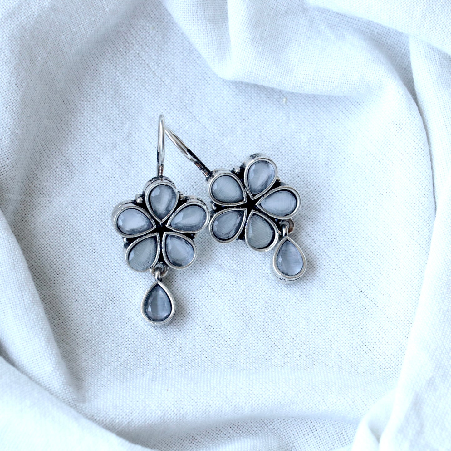 German silver floral Hook Earrings