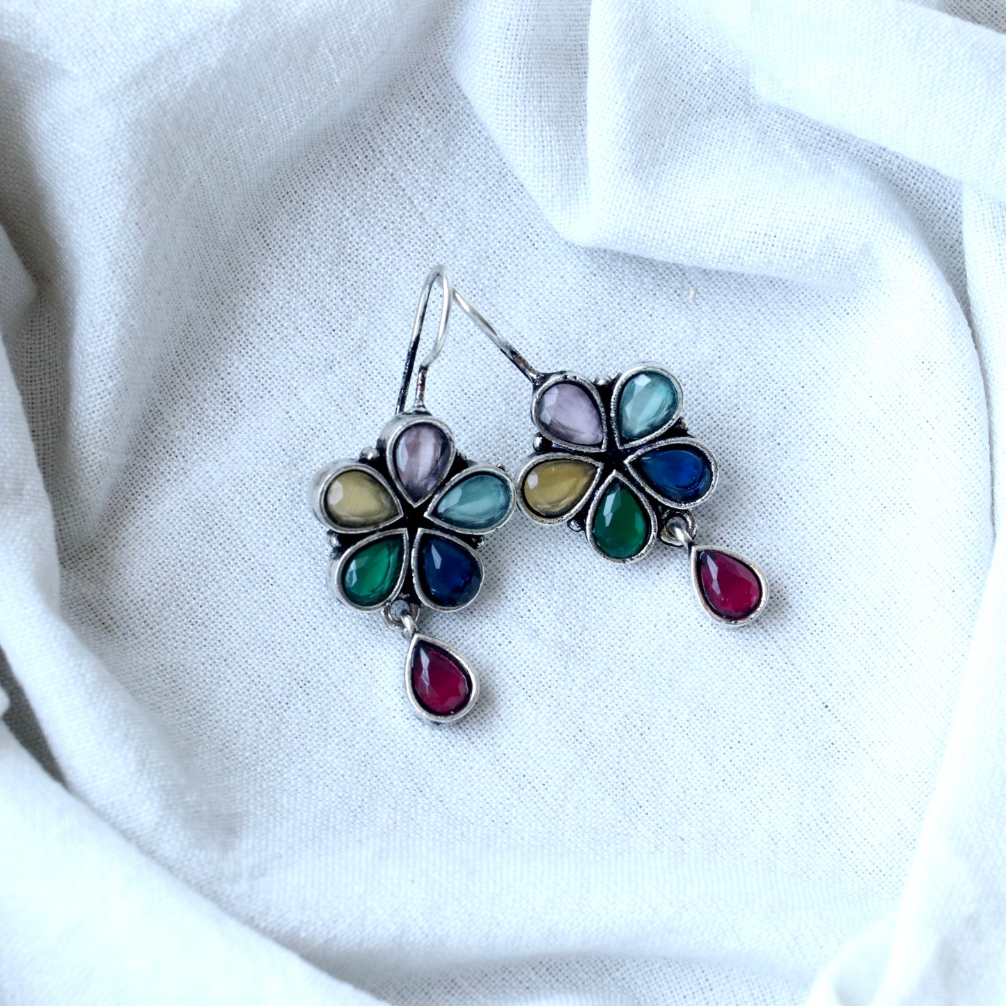 German silver floral Hook Earrings