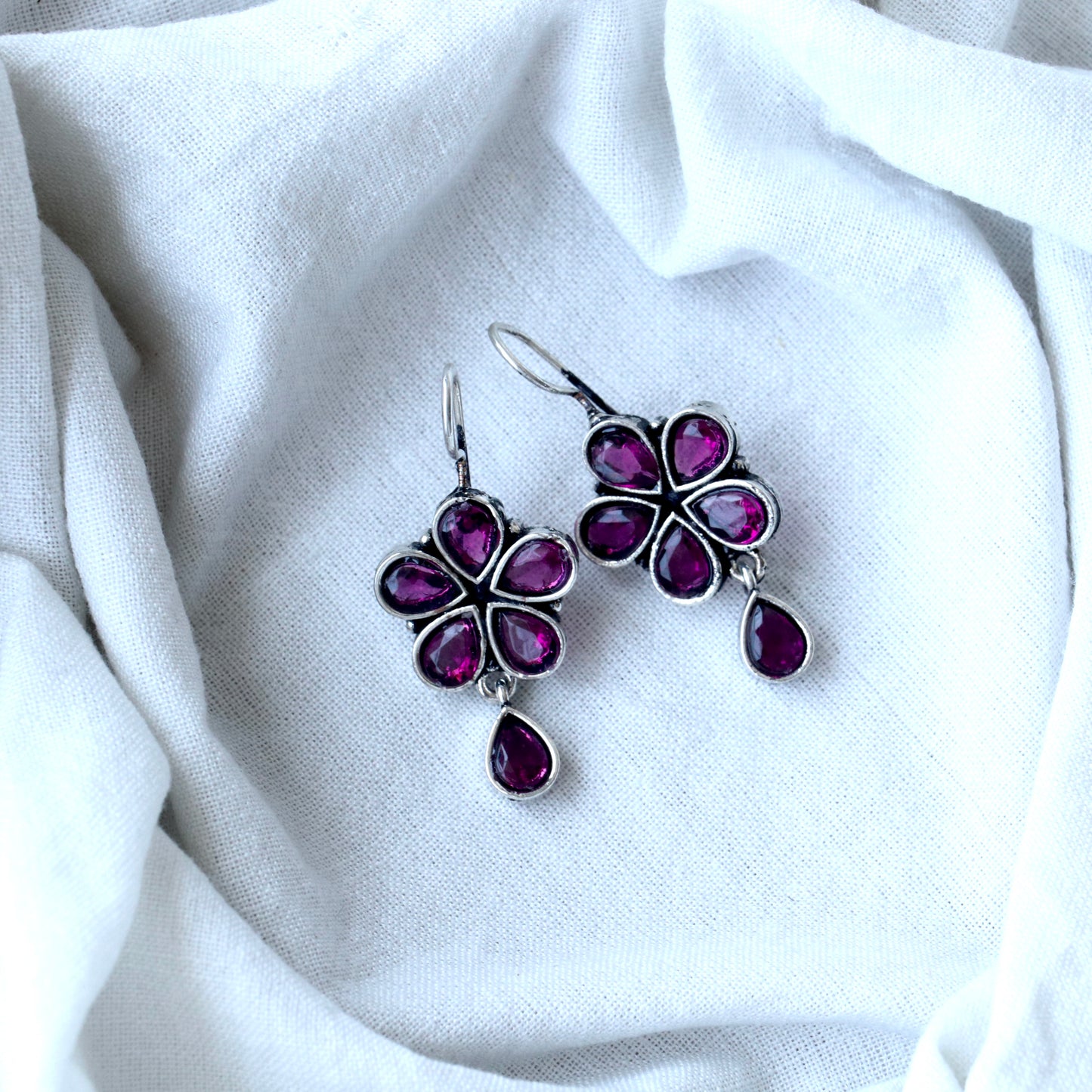 German silver floral Hook Earrings