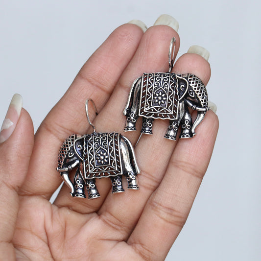 Oxidised Elephant Drop Earrings