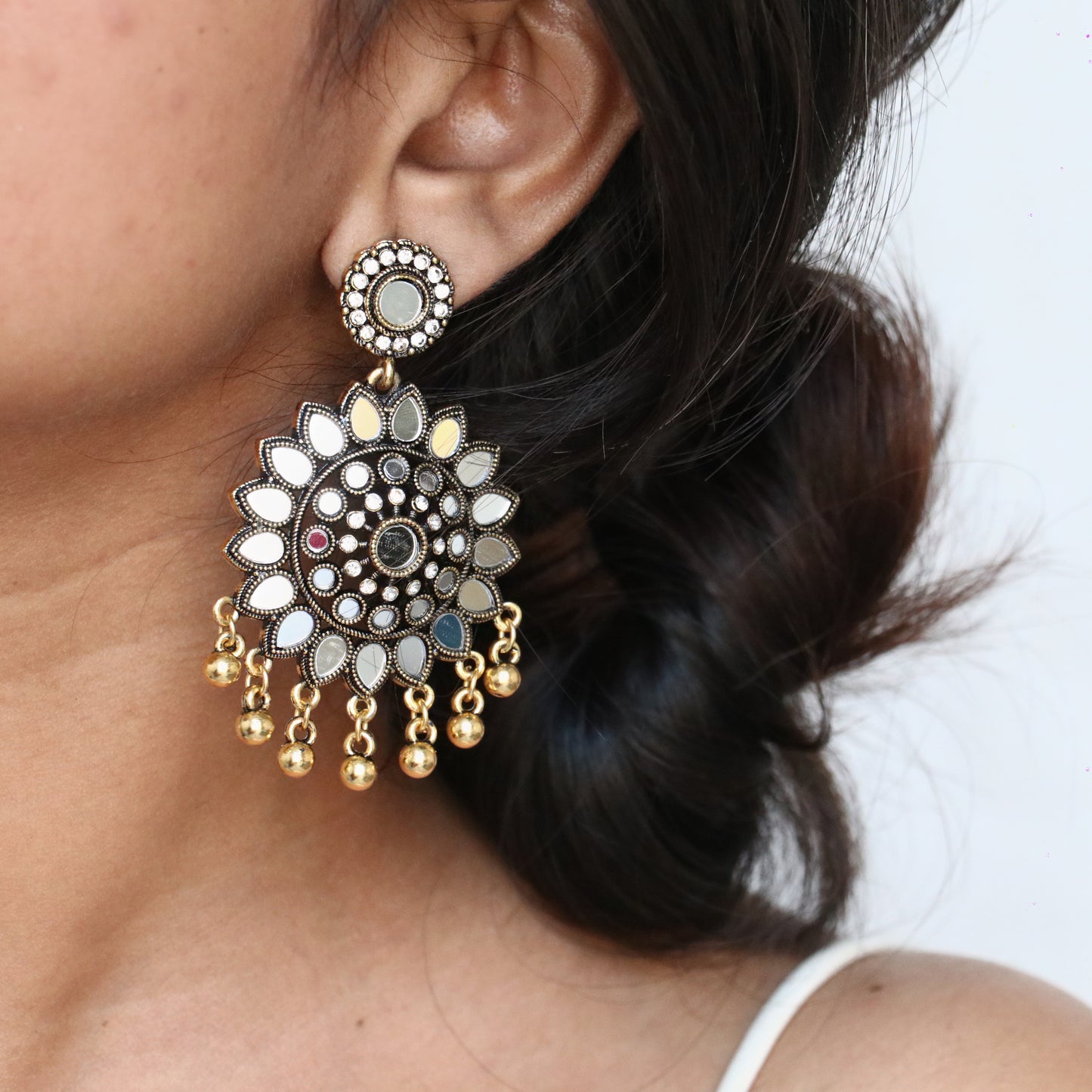 Oxidised Gold Mirror Dangler Earrings