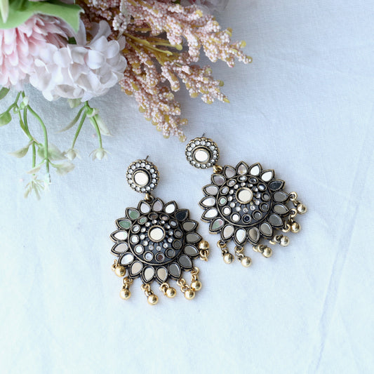 Oxidised Gold Mirror Dangler Earrings