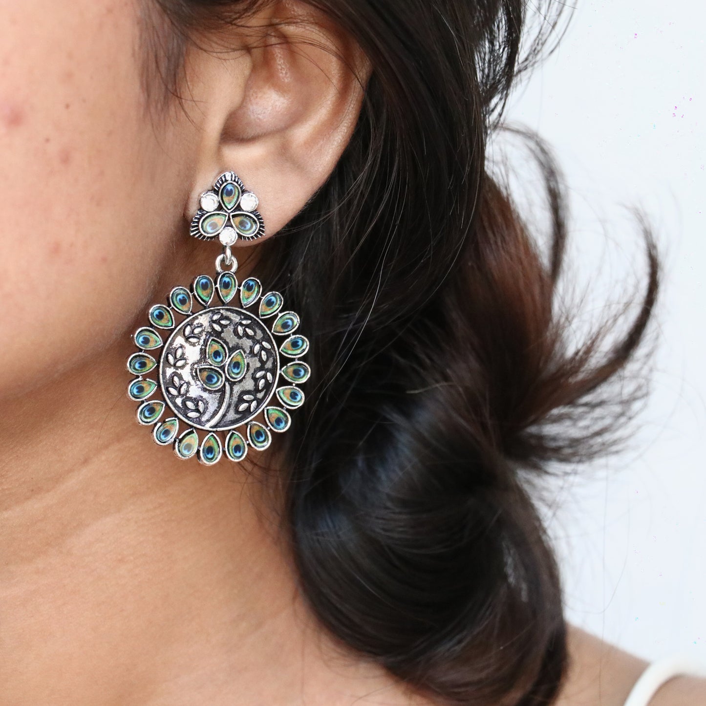 Mor-Pankh & Leaf Designer silver Oxidized Earrings