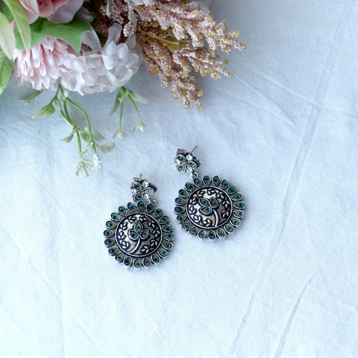 Mor-Pankh & Leaf Designer silver Oxidized Earrings