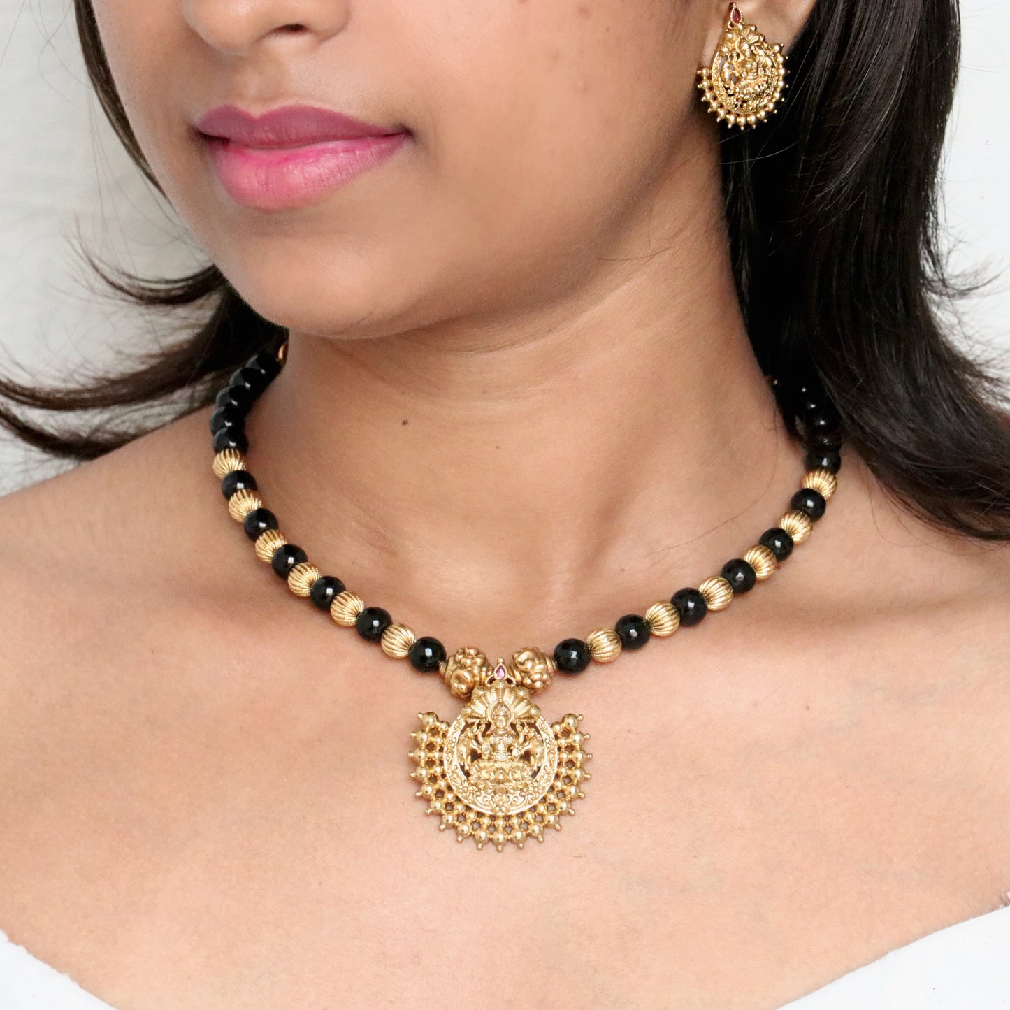 Lakshmi Pendant Black Beads Necklace