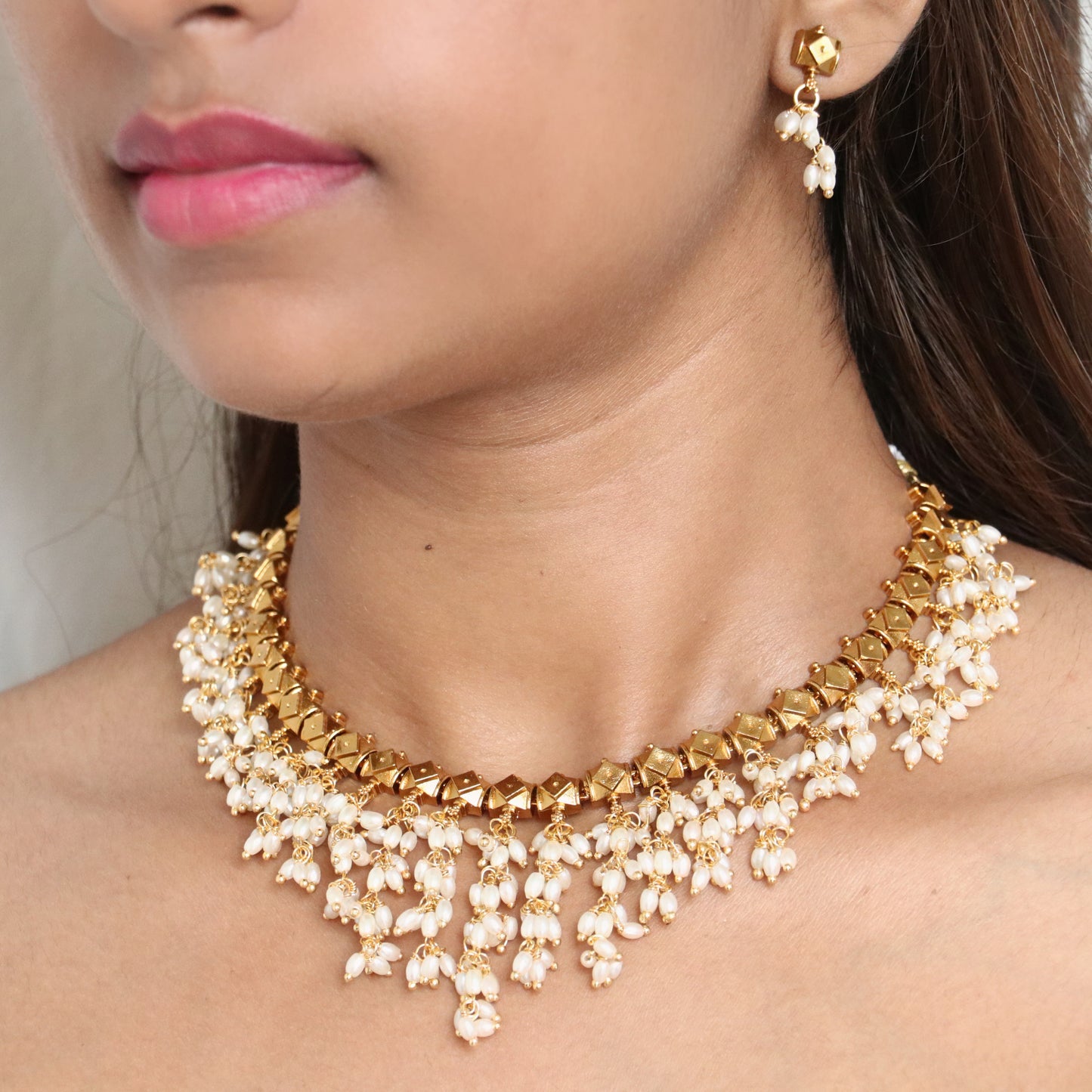 Rice Pearl Cluster Necklace set