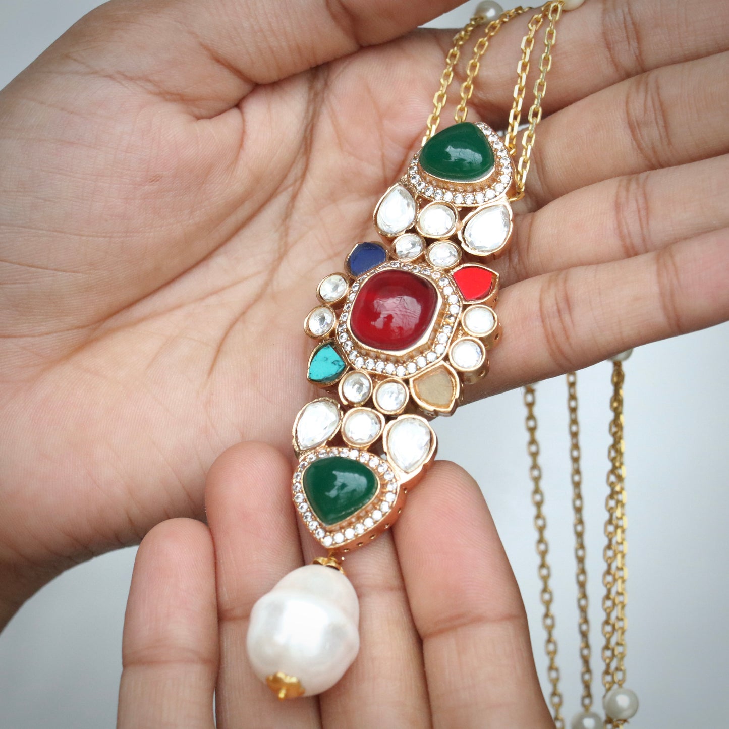 Multi Stone Navratna Pendant Chain Necklace