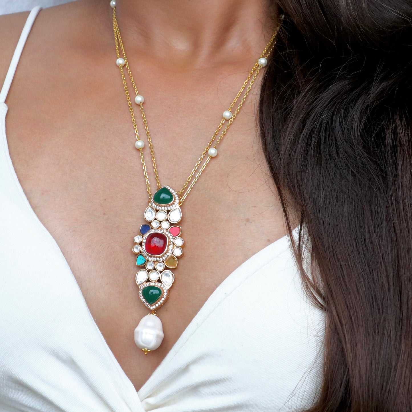 Multi Stone Navratna Pendant Chain Necklace