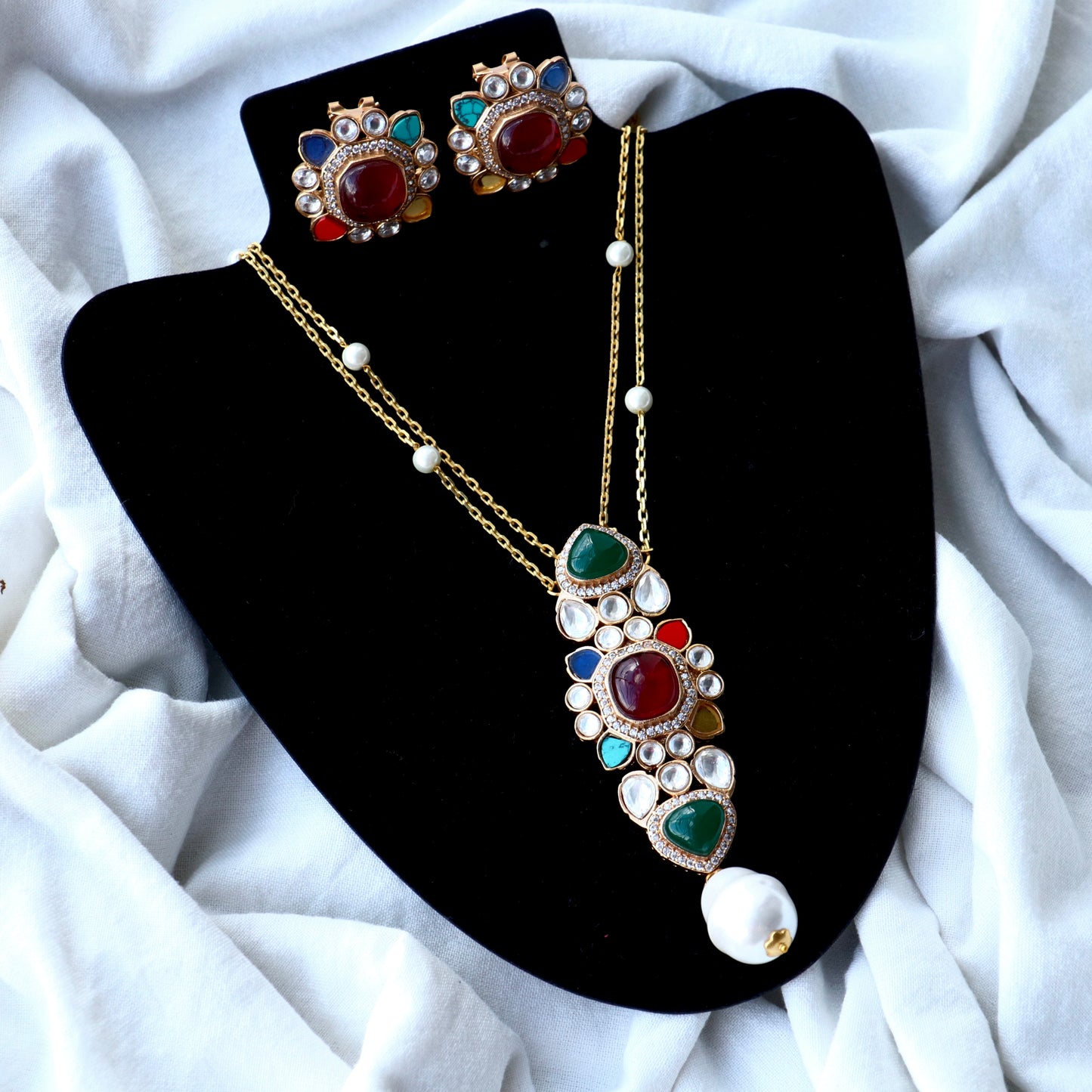 Multi Stone Navratna Pendant Chain Necklace