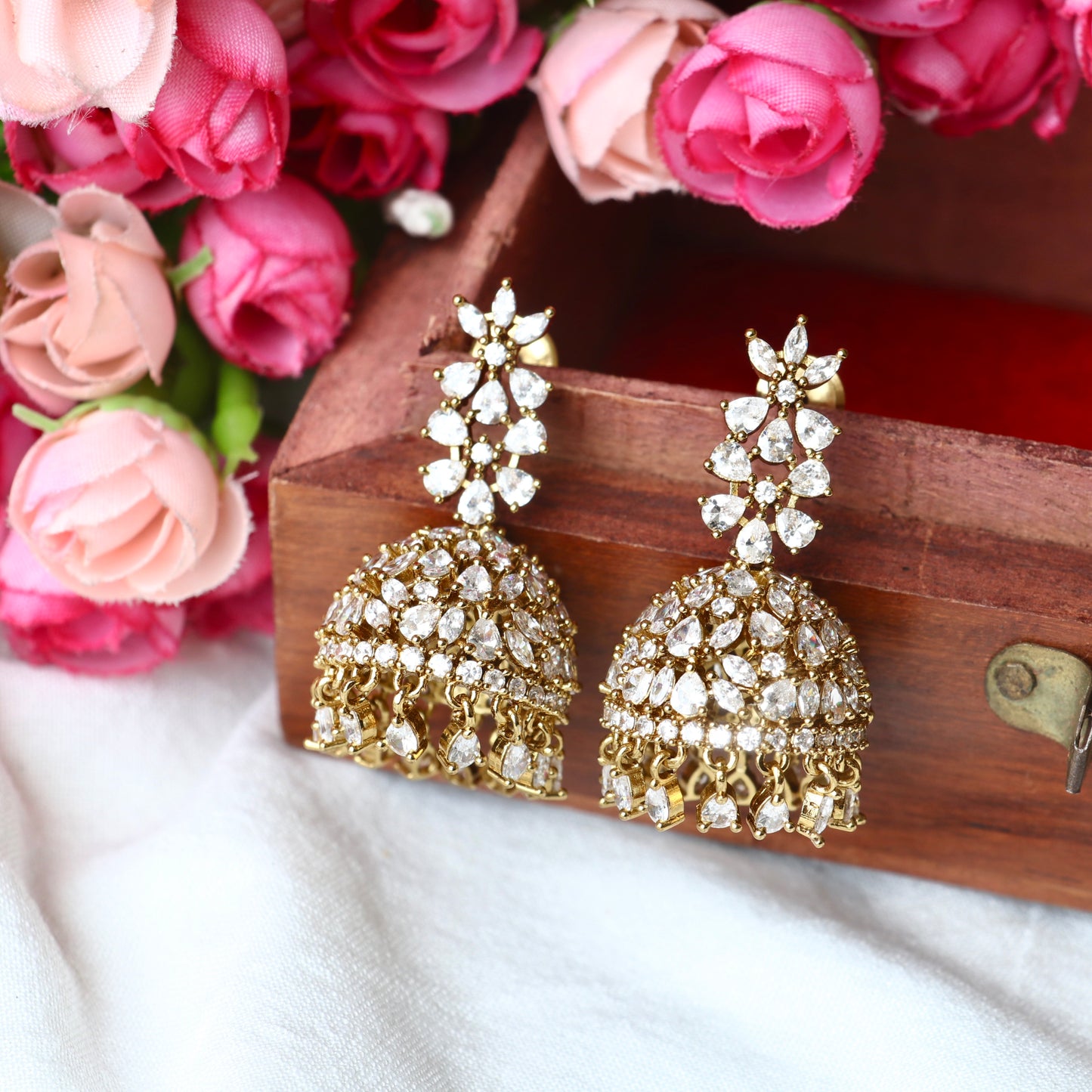 Tishya White Stone Jhumkas