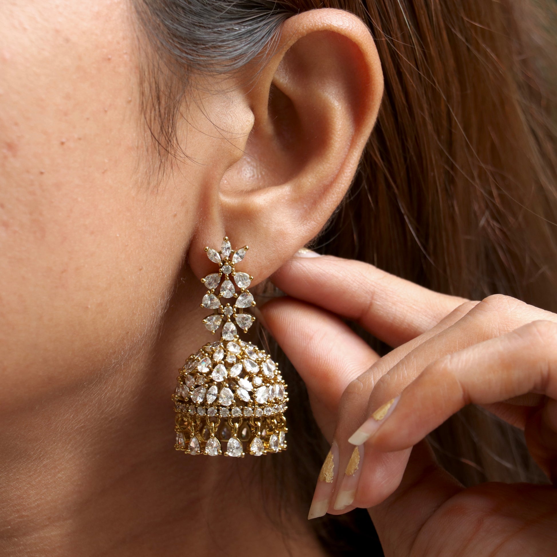 Gold Earrings White Stone Jimiki White Stone Latest Jhumkas Gold