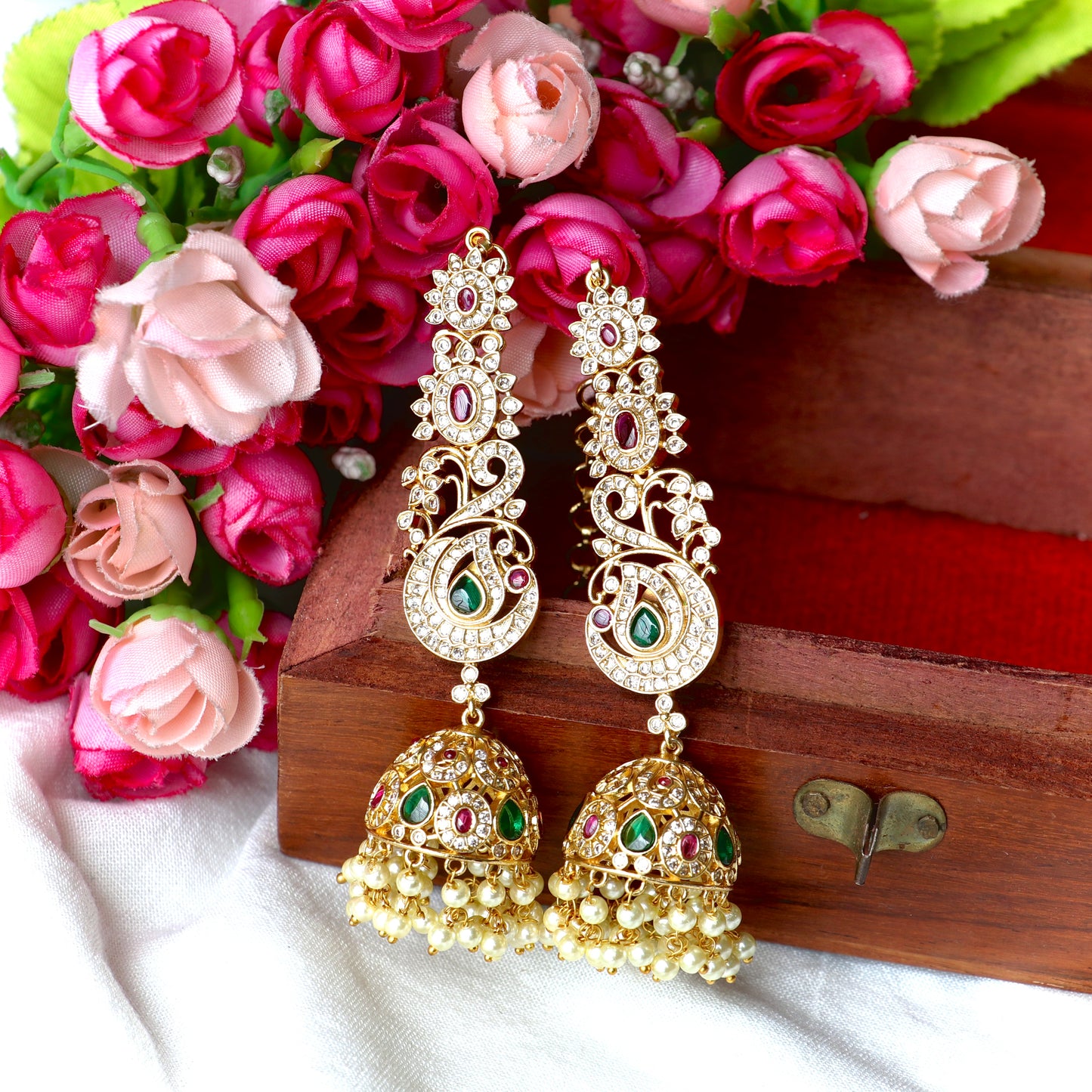 Mishka AD Stone Ear Chain Jhumkas