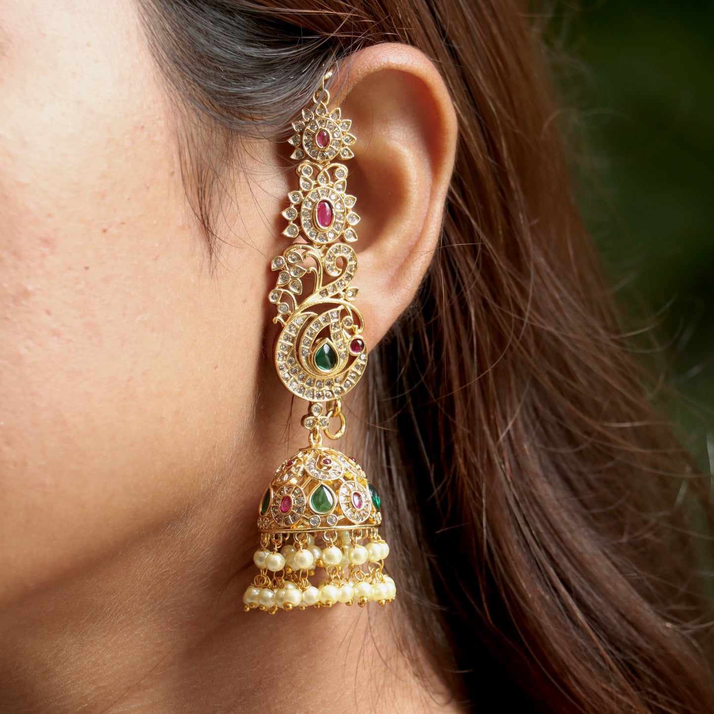 Mishka AD Stone Ear Chain Jhumkas