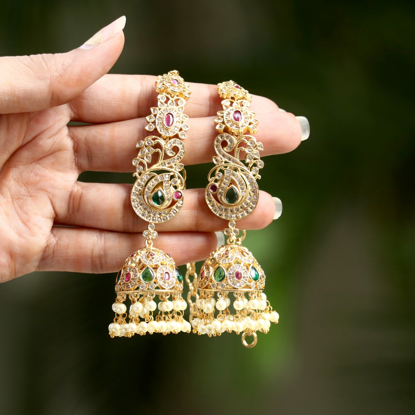 Mishka AD Stone Ear Chain Jhumkas