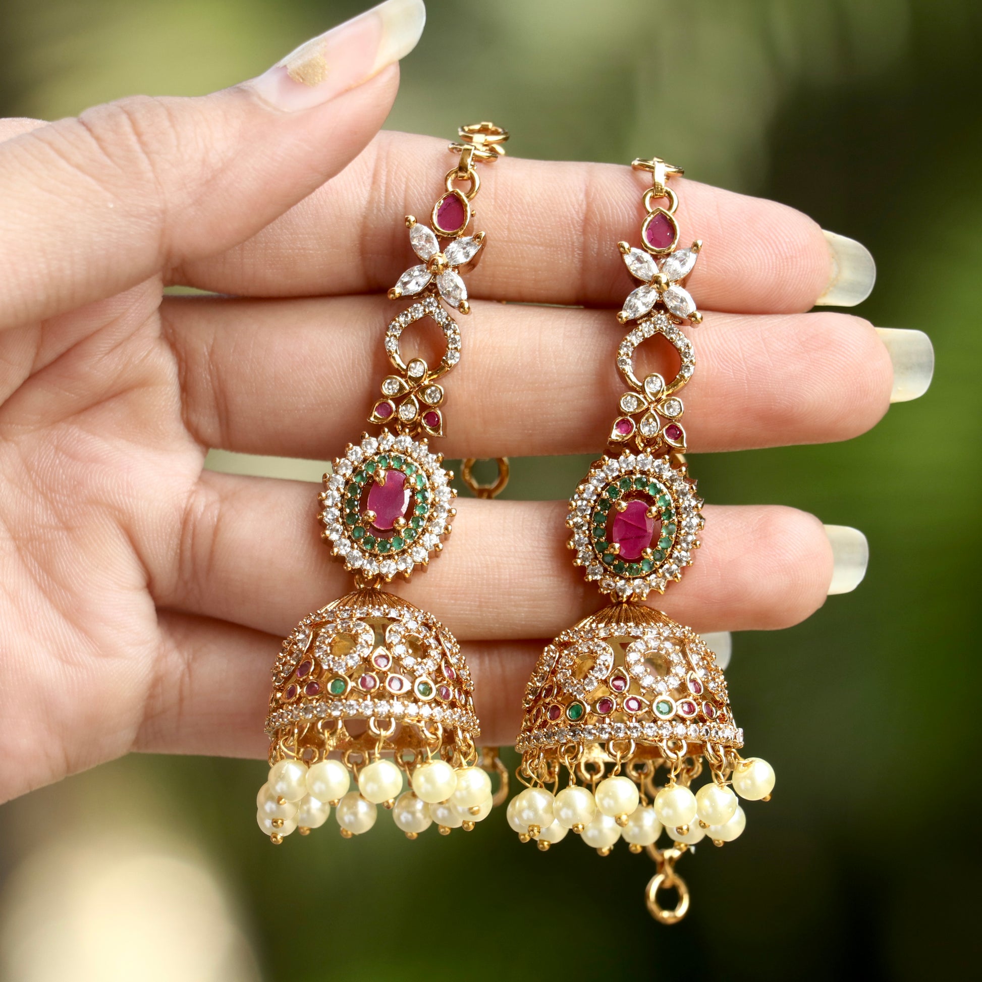 Bridal Earrings Jhumka With Ear Chain Gold Falak Ear-Chain AD