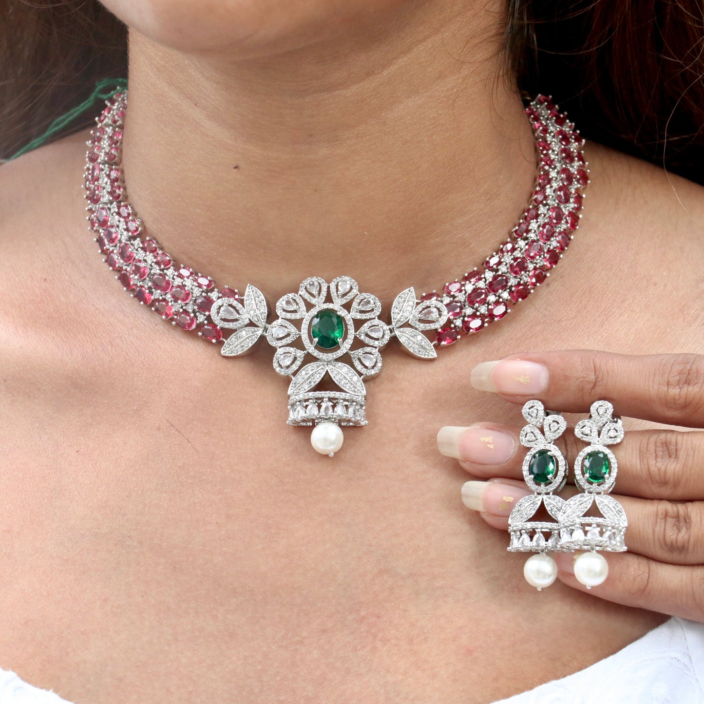 Hansika Multi-Stone Silver Necklace