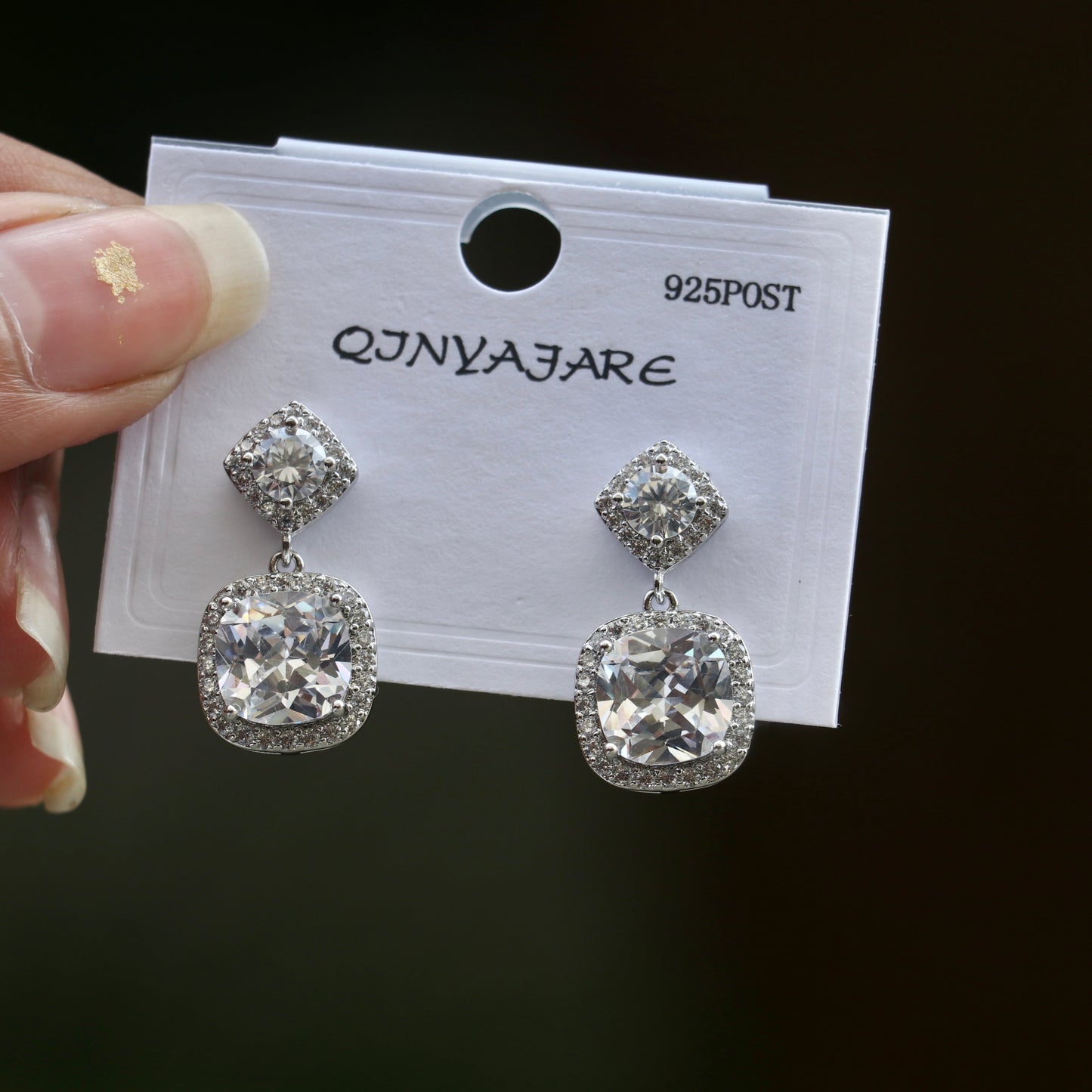 Silver Plated Rhombus Shaped CZ Drop Earring