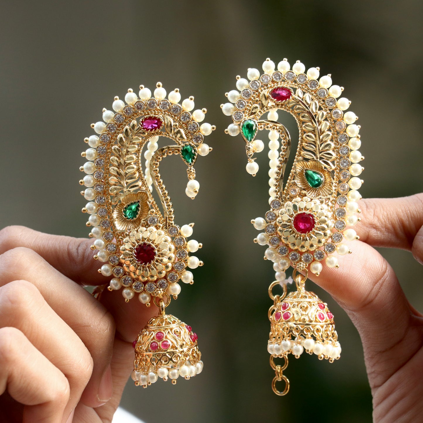 Rajni Devi Ear-Cuff Earrings With Pearl Mattal (Ear Chain)