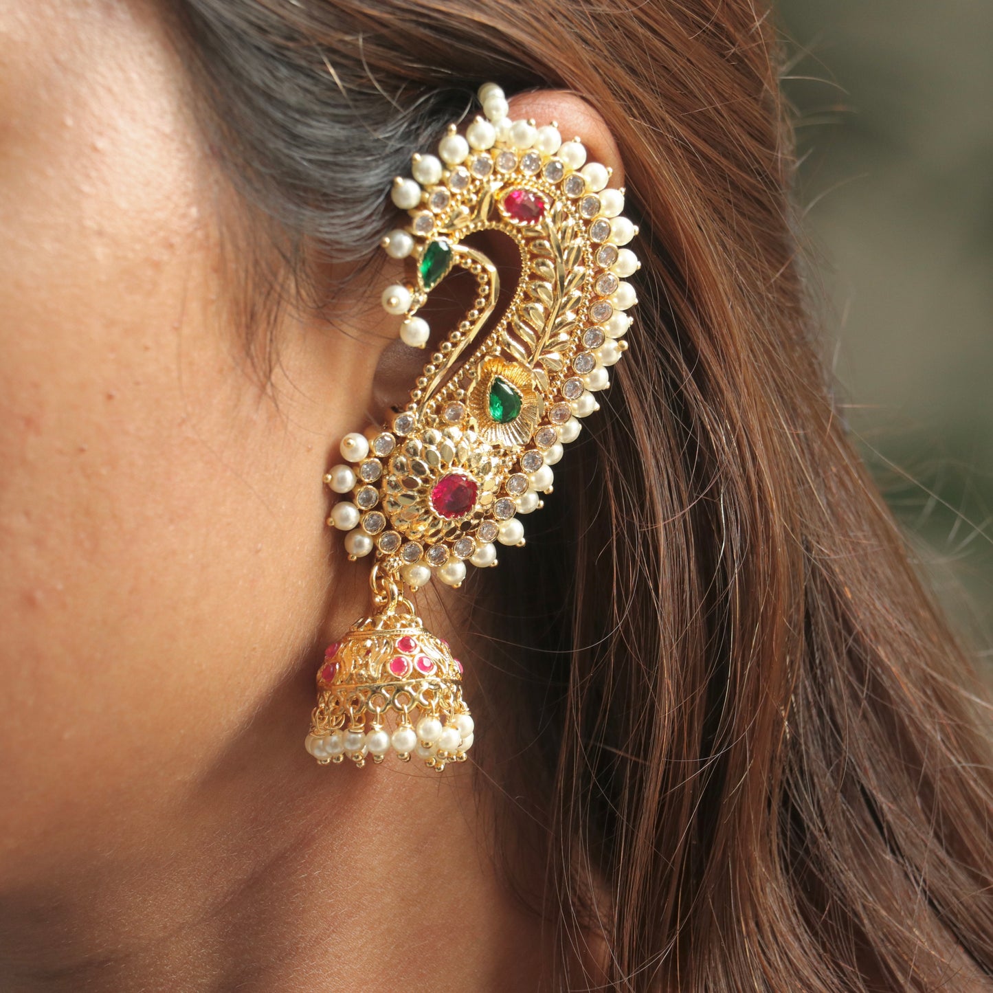 Rajni Devi Ear-Cuff Earrings With Pearl Mattal (Ear Chain)